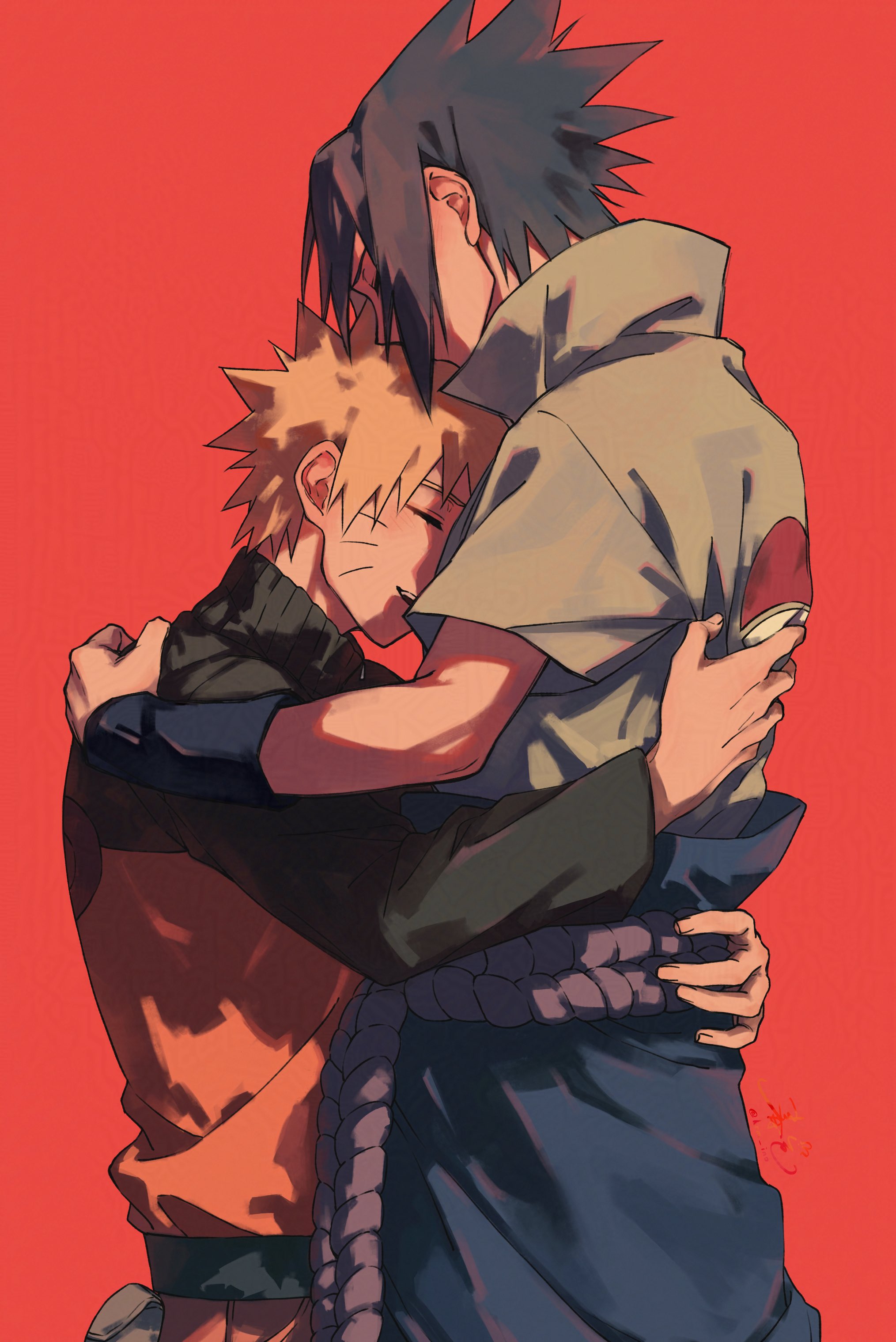 haruiro (hrm ino), uchiha sasuke, uzumaki naruto, naruto (series), naruto shippuuden, absurdres, highres, 2boys, black hair, black sleeves, blonde hair, closed eyes, facial mark, hug, jacket, male focus, multicolored jacket, multiple boys, open mouth, orange jacket, popped collar, red background, rope belt, shirt, short hair, short sleeves, smile, spiked hair, two-tone jacket, upper body, whisker markings, white shirt, yaoi