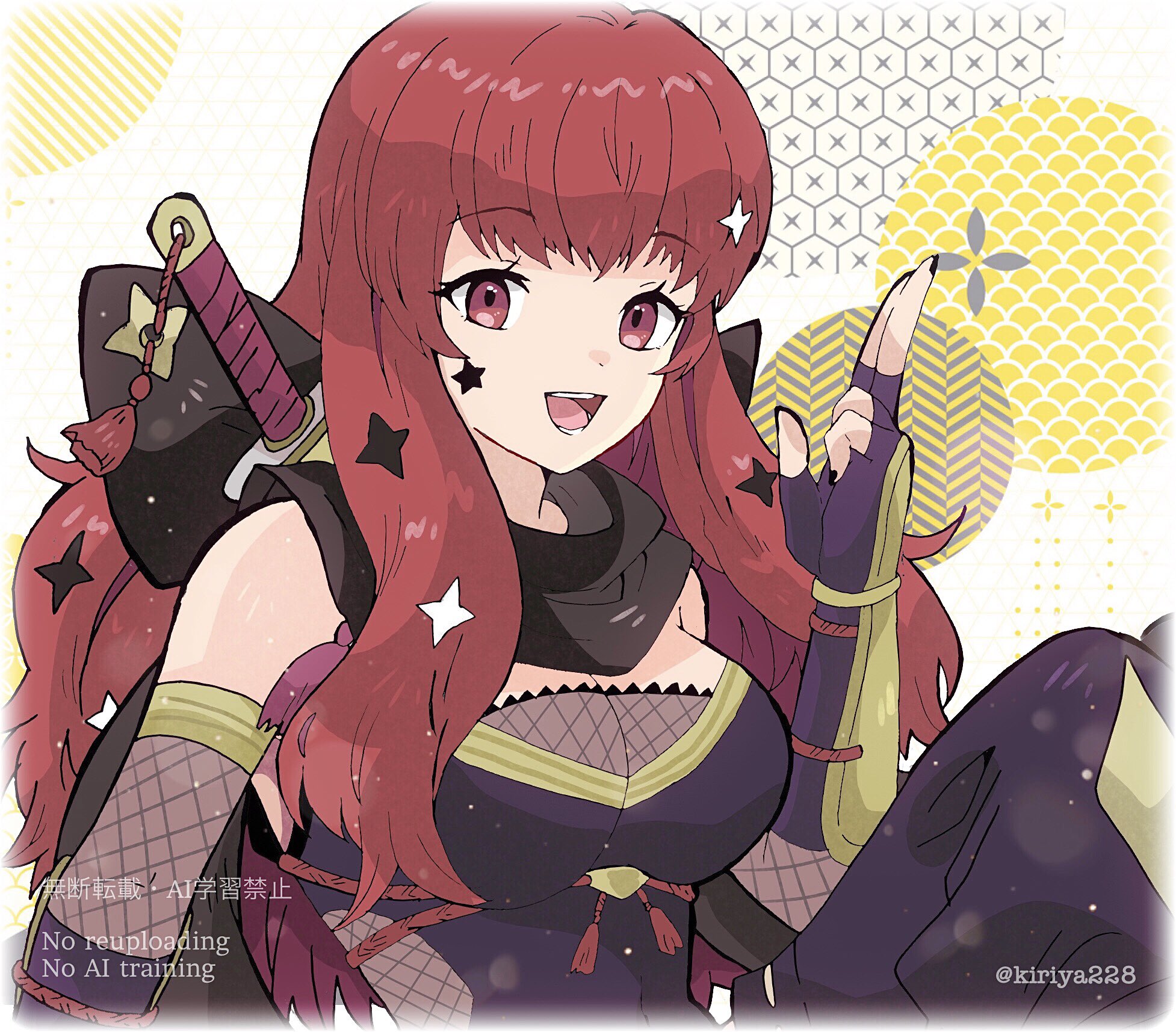 kiriya (552260), yunaka (fire emblem), yunaka (stealthy imitator) (fire emblem), fire emblem, fire emblem engage, fire emblem heroes, nintendo, highres, 1girl, breasts, cleavage, large breasts, long hair, looking at viewer, ninja, red eyes, red hair, smile