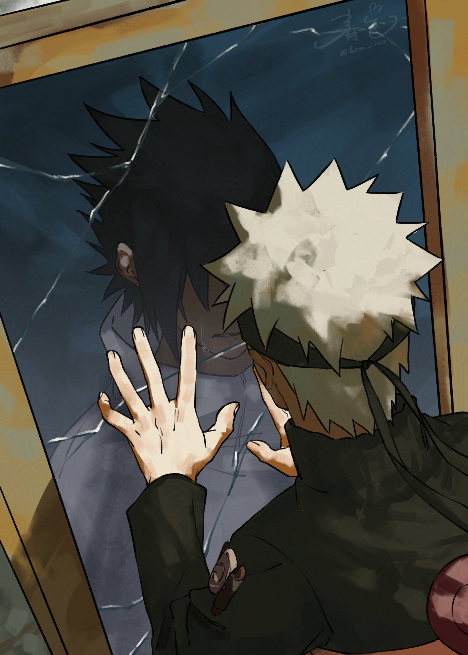 haruiro (hrm ino), uchiha sasuke, uzumaki naruto, naruto (series), naruto shippuuden, absurdres, highres, 2boys, black hair, black headband, black jacket, blonde hair, crack, different reflection, from above, headband, jacket, looking at another, male focus, multiple boys, parted lips, reflection, shirt, short hair, spiked hair, upper body, white shirt, yaoi
