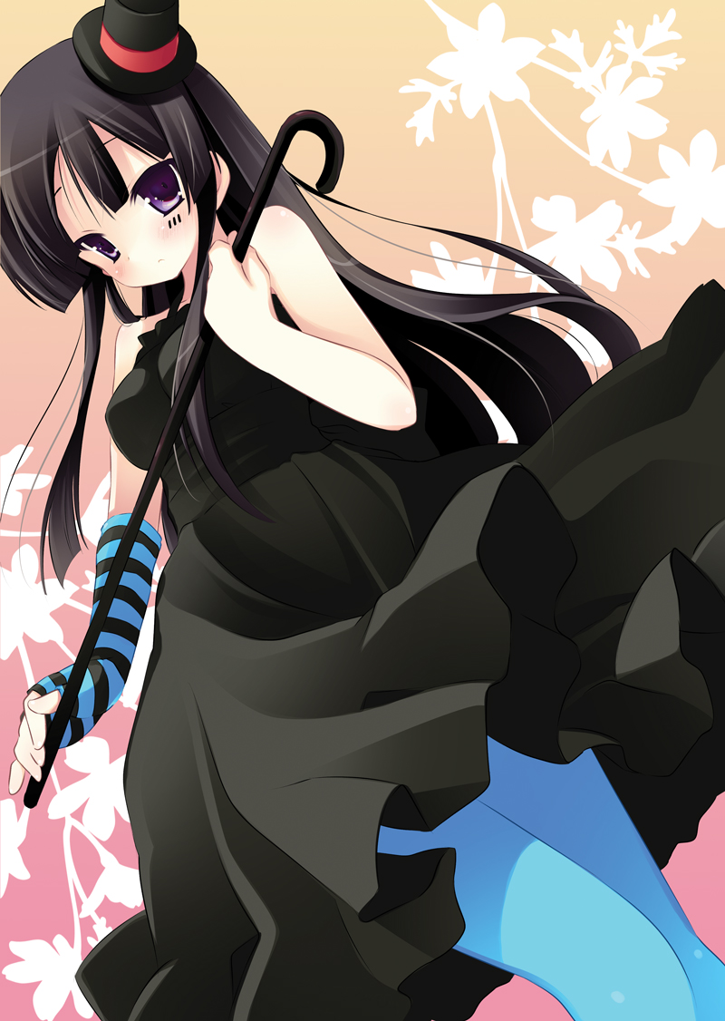 natsume eri, akiyama mio, don't say "lazy", k-on!, striped, bad id, bad pixiv id, 00s, 1girl, black hair, blue pantyhose, breasts, cane, female focus, fingerless gloves, gloves, hat, long hair, mini hat, mini top hat, pantyhose, purple eyes, solo, top hat