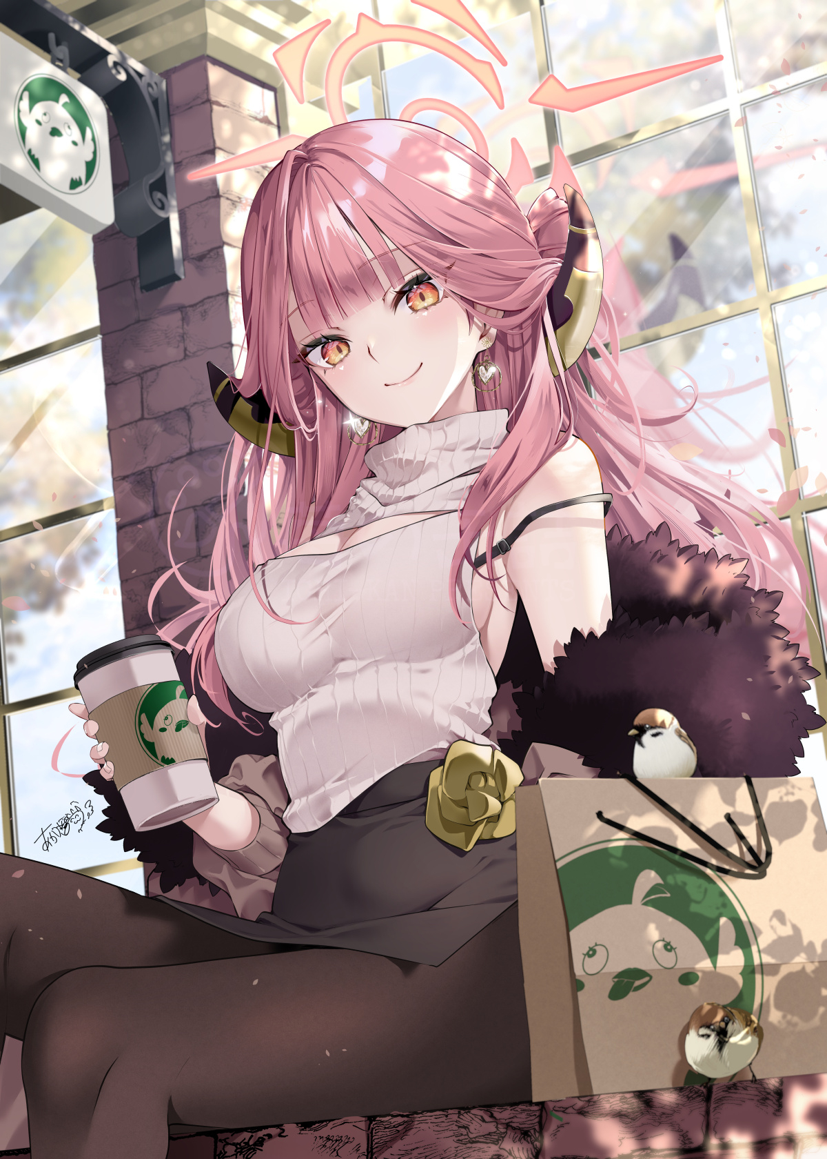 akatsuki hijiri, aru (blue archive), blue archive, highres, 1girl, alternate costume, bag, bare shoulders, black pantyhose, breasts, cleavage, closed mouth, cup, demon horns, disposable cup, earrings, horns, indoors, jewelry, orange eyes, pantyhose, pink hair, shopping bag, sitting, skirt, smile, solo, sweater