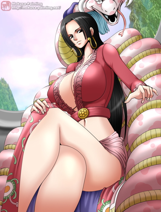mokusa, boa hancock, salome (one piece), one piece, 1girl, amazon lily, amazon warrior, black eyes, black hair, breasts, cleavage, crossed legs, earrings, female focus, huge breasts, jewelry, midriff, navel, no bra, sitting, snake, watermark, web address