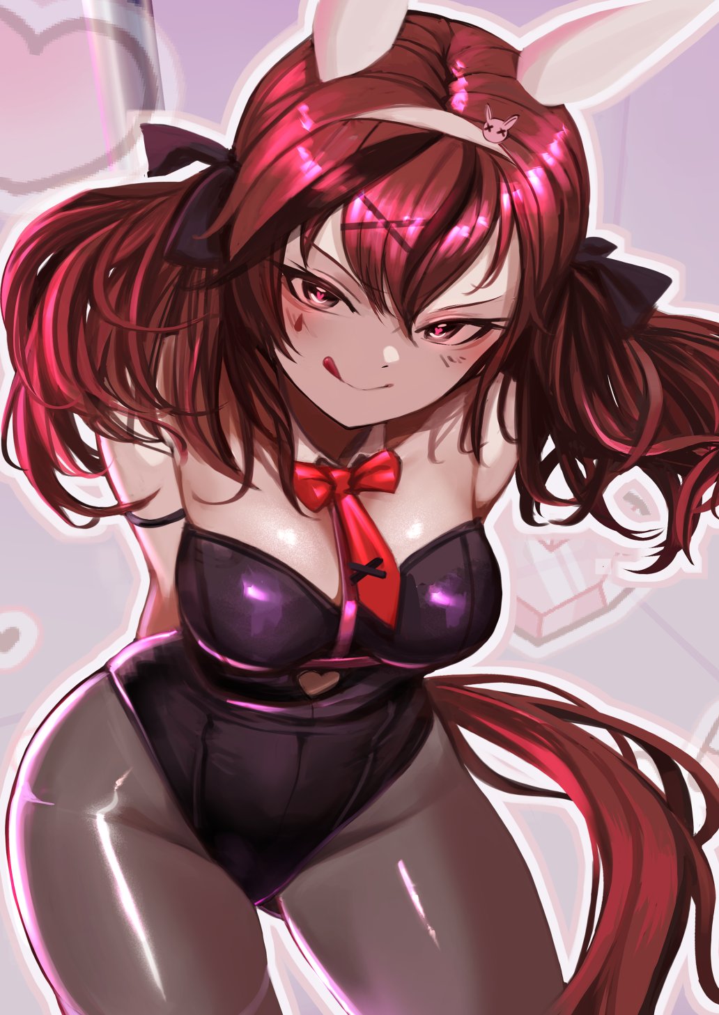hoshikuzu kizuna (kizuna stardust), nice nature (umamusume), rabbit hole (vocaloid), umamusume, commentary request, highres, 1girl, :q, animal ears, black leotard, black pantyhose, breasts, brown hair, clothing cutout, cowboy shot, detached collar, fake animal ears, hair between eyes, hair ornament, heart, heart cutout, heart in eye, horse girl, horse tail, leotard, long hair, looking at viewer, medium breasts, multicolored hair, necktie, pantyhose, pole, rabbit ears, rabbit hair ornament, red necktie, short necktie, solo, streaked hair, stripper pole, symbol in eye, tail, teardrop facial mark, tie clip, tongue, tongue out, two side up, v-shaped eyebrows