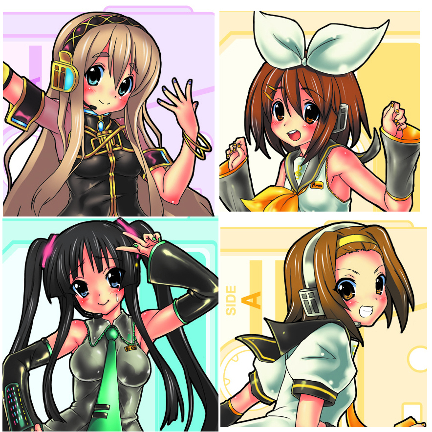rokko, akiyama mio, hatsune miku, hirasawa yui, kagamine len, kagamine rin, kotobuki tsumugi, megurine luka, tainaka ritsu, k-on!, vocaloid, bad id, bad pixiv id, 4girls, cosplay, detached sleeves, grin, hatsune miku (cosplay), headphones, kagamine len (cosplay), kagamine rin (cosplay), megurine luka (cosplay), microphone, multiple girls, smile