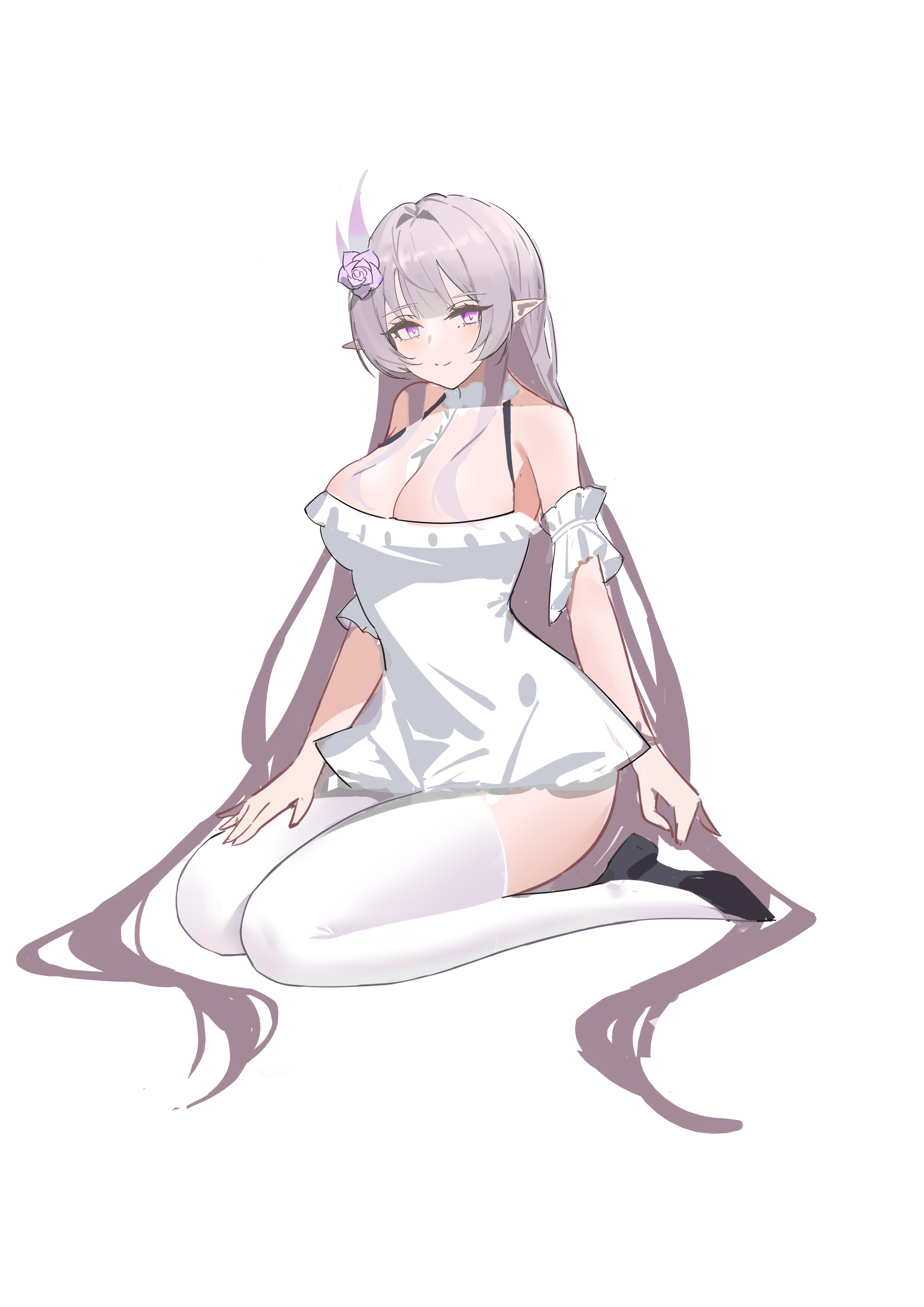 cyrene (honkai: star rail), cyrene (ripples of past reverie) (honkai: star rail), honkai: star rail, honkai (series), absurdres, chinese commentary, commentary, highres, 1girl, alternate costume, bare shoulders, breasts, cleavage, clemezen, dress, flower, hair flower, hair ornament, high heels, large breasts, long hair, looking at viewer, pink hair, pointy ears, purple eyes, seiza, simple background, sitting, solo, thighhighs, thighs, very long hair, white dress, white thighhighs