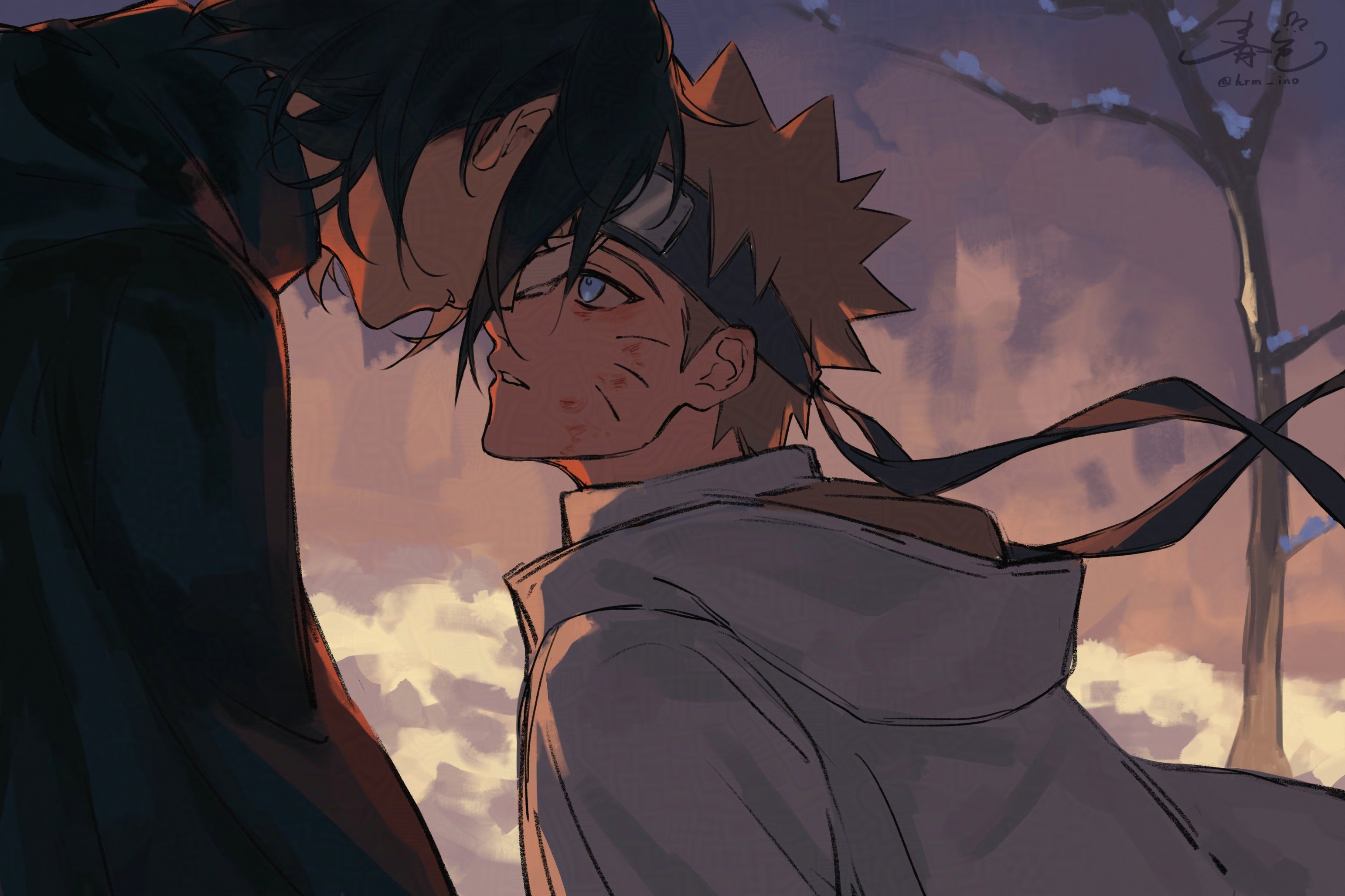 haruiro (hrm ino), uchiha sasuke, uzumaki naruto, naruto (series), naruto shippuuden, highres, 2boys, black hair, black headband, black jacket, blonde hair, blood, blood on face, blue eyes, coat, facial mark, headband, imminent kiss, jacket, looking at another, male focus, multiple boys, parted lips, short hair, signature, snow, spiked hair, upper body, whisker markings, white coat, winter, yaoi