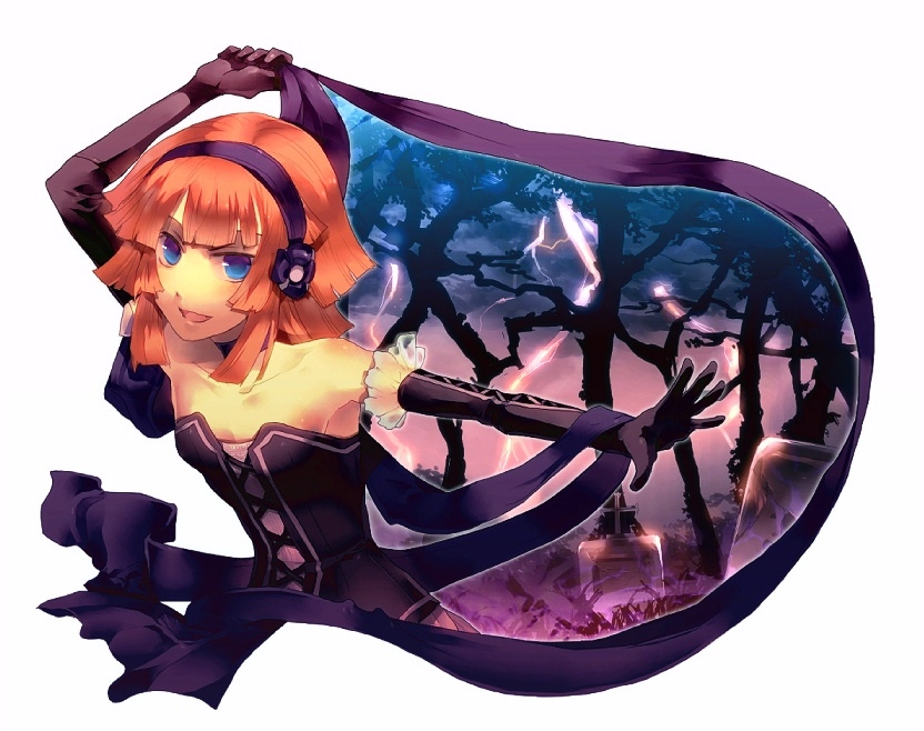 sunakumo, elm l renegade, embalming (the another tale of frankenstein), character request, 1girl, bare shoulders, blue eyes, elbow gloves, female focus, gloves, hairband, lightning, long hair, orange hair, outdoors, sky, solo, tree