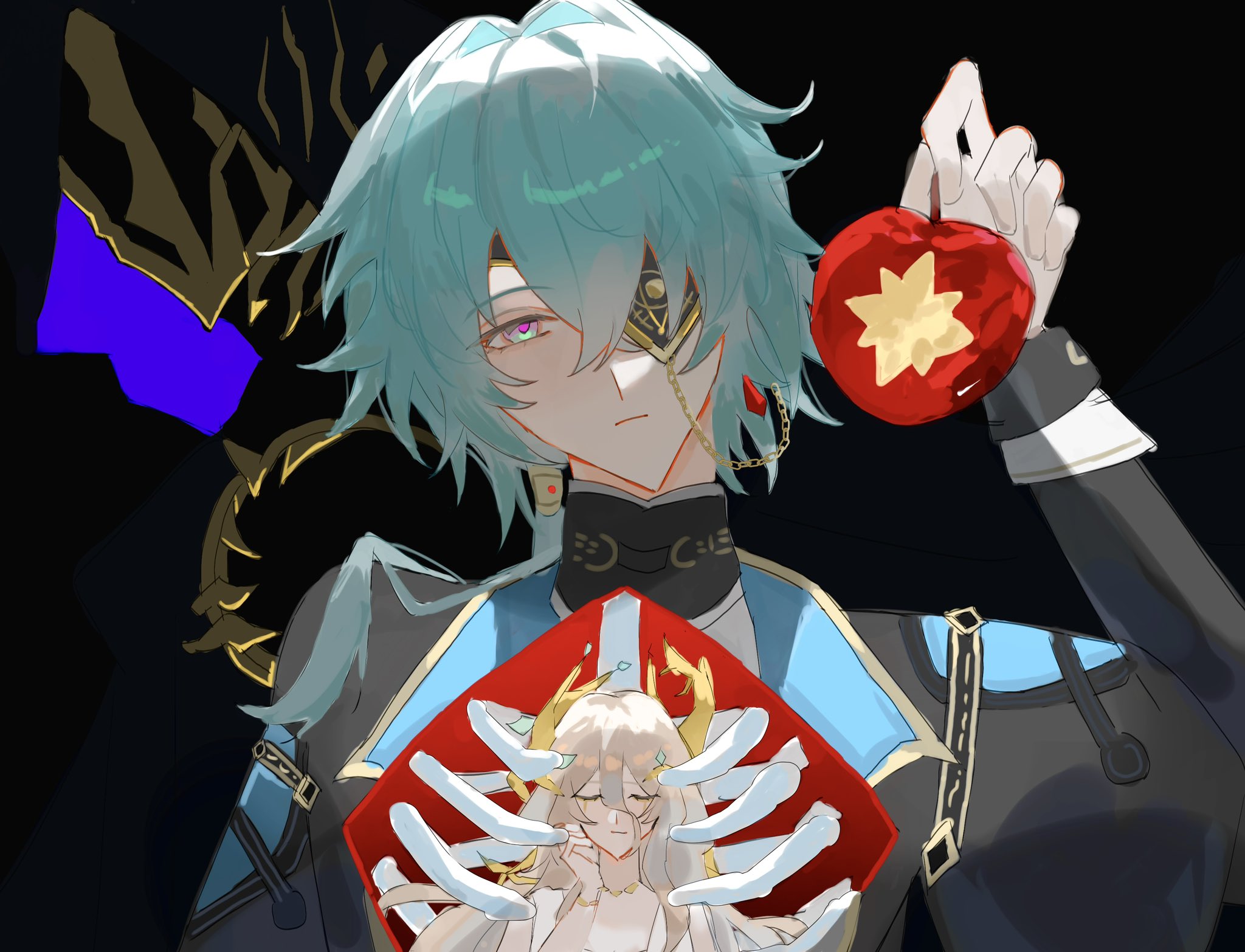 irzm30, anaxa (honkai: star rail), calypso (honkai: star rail), flame reaver of the deepest dark, honkai: star rail, honkai (series), highres, 1girl, 2boys, apple, aqua hair, bare shoulders, black capelet, black jacket, blending, blonde hair, capelet, closed eyes, closed mouth, covered face, dress, earrings, exposed bone, expressionless, eyepatch, food, food bite, fruit, green eyes, hair between eyes, hair intakes, hair over shoulder, hair tubes, hand up, head tilt, holding, holding food, holding fruit, hole in chest, hole on body, hood, hood up, jacket, jewelry, long hair, long hair between eyes, long sleeves, looking at viewer, low side ponytail, male focus, mask, medium hair, mini person, minigirl, multicolored eyes, multiple boys, one eye covered, pink eyes, pink pupils, ribs, simple background, single earring, single hair tube, sleeve cuffs, tree horns, two-tone eyes, upper body, white dress