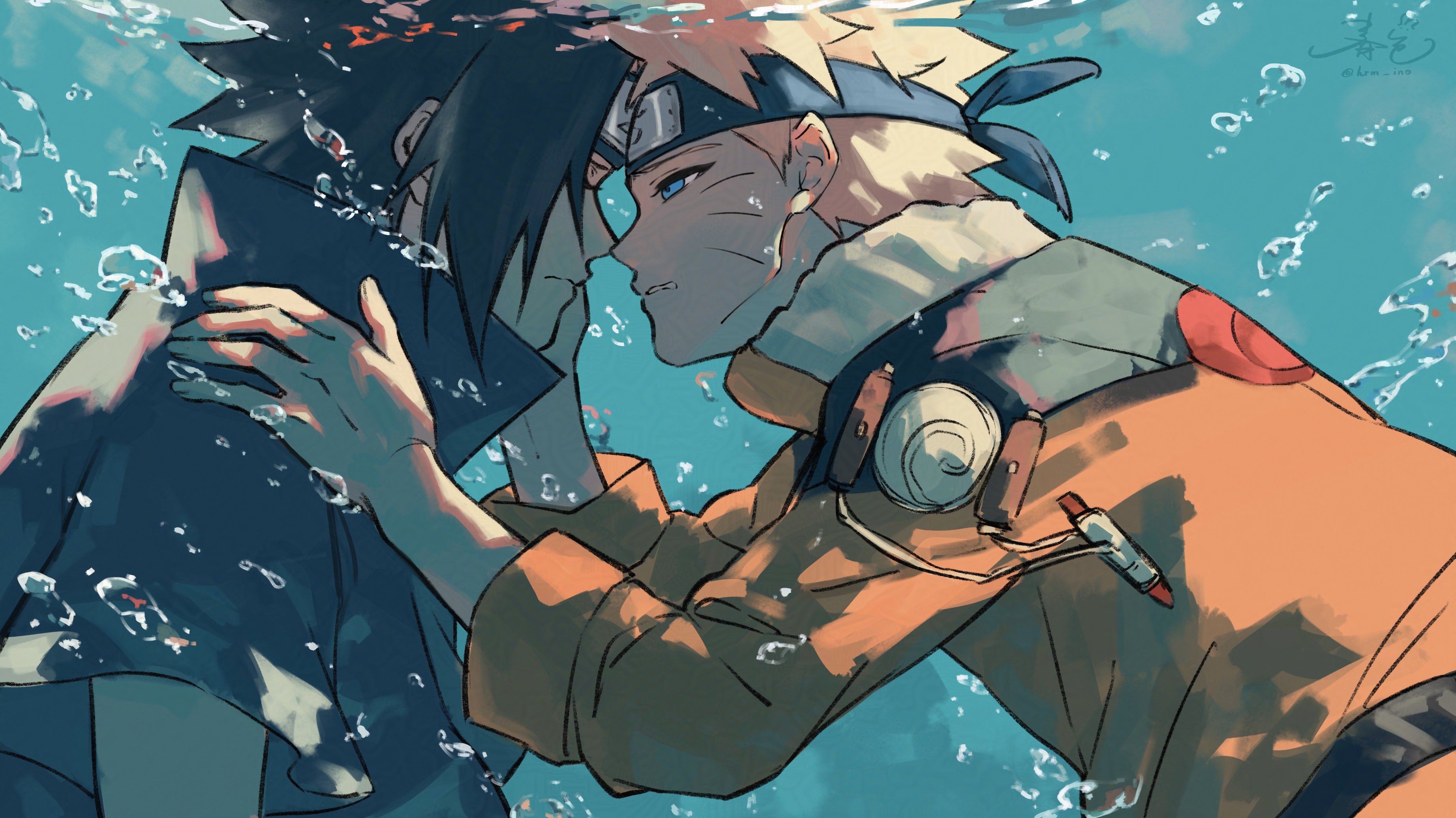 haruiro (hrm ino), uchiha sasuke, uzumaki naruto, naruto (classic), naruto (series), absurdres, highres, 2boys, air bubble, black headband, black shirt, blue eyes, bubble, closed mouth, facial mark, half-closed eyes, hand on another's cheek, hand on another's face, hand on another's shoulder, headband, imminent kiss, jacket, konohagakure symbol, male focus, multiple boys, orange jacket, parted lips, shirt, underwater, upper body, whisker markings, yaoi
