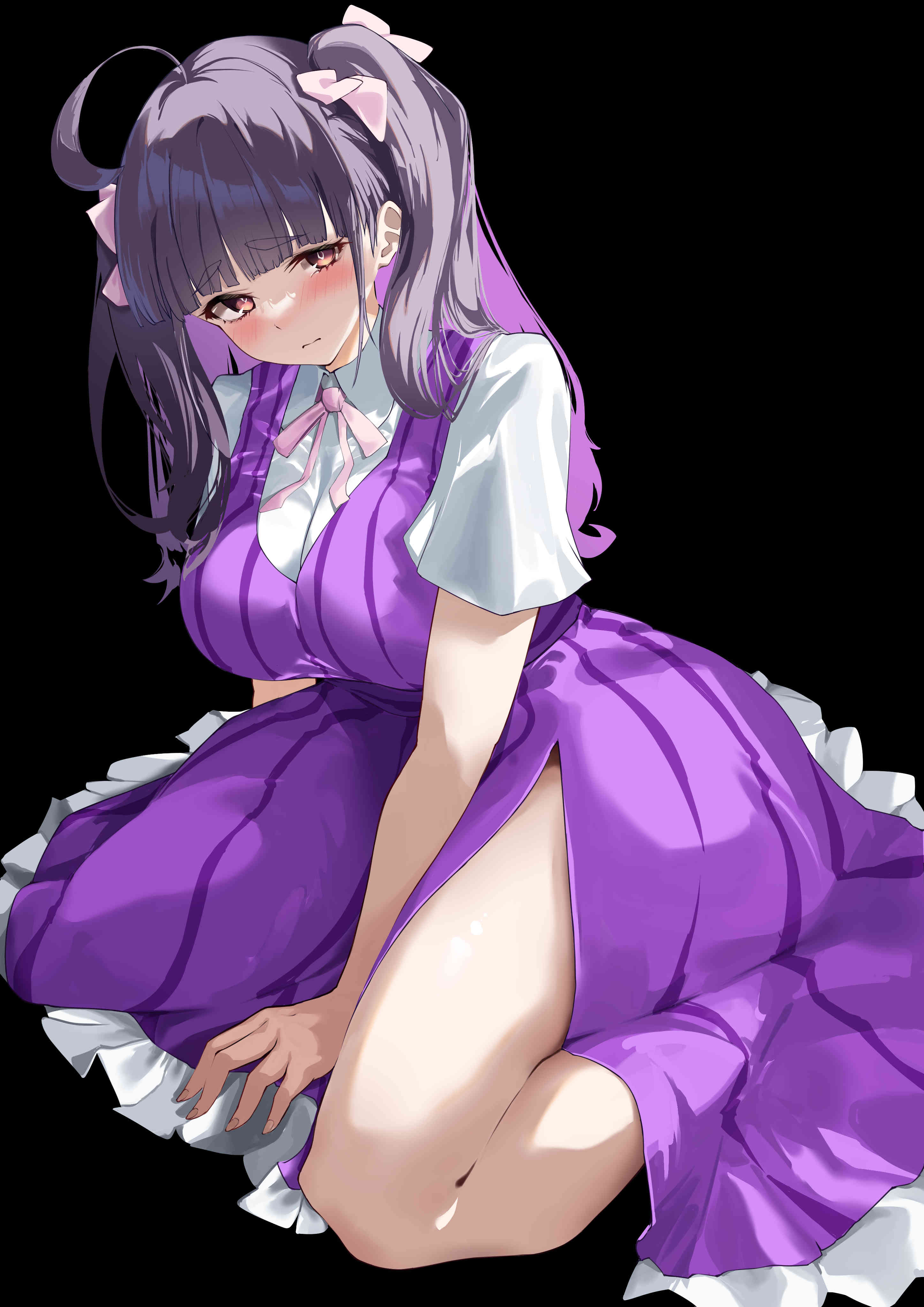 carskey1120, chofu noriko, ikizulive! love live! bluebird, love live!, absurdres, hashtag-only commentary, highres, 1girl, ahoge, black background, blush, breasts, dress, embarrassed, frown, hair ribbon, large breasts, long hair, looking at viewer, purple dress, purple eyes, purple hair, ribbon, shirt, sitting, solo, striped clothes, thighs, twintails, vertical-striped clothes, what is my life? (love live!), white shirt