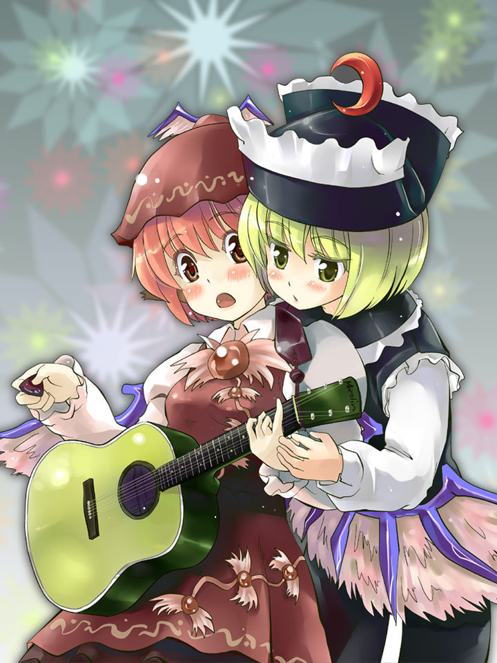 hitoshise, nise nanatsura, lunasa prismriver, mystia lorelei, touhou, bad id, bad pixiv id, 2girls, acoustic guitar, animal ears, blonde hair, female focus, guitar, hat, instrument, multiple girls, pink hair, plectrum, red eyes, short hair, wings, yellow eyes