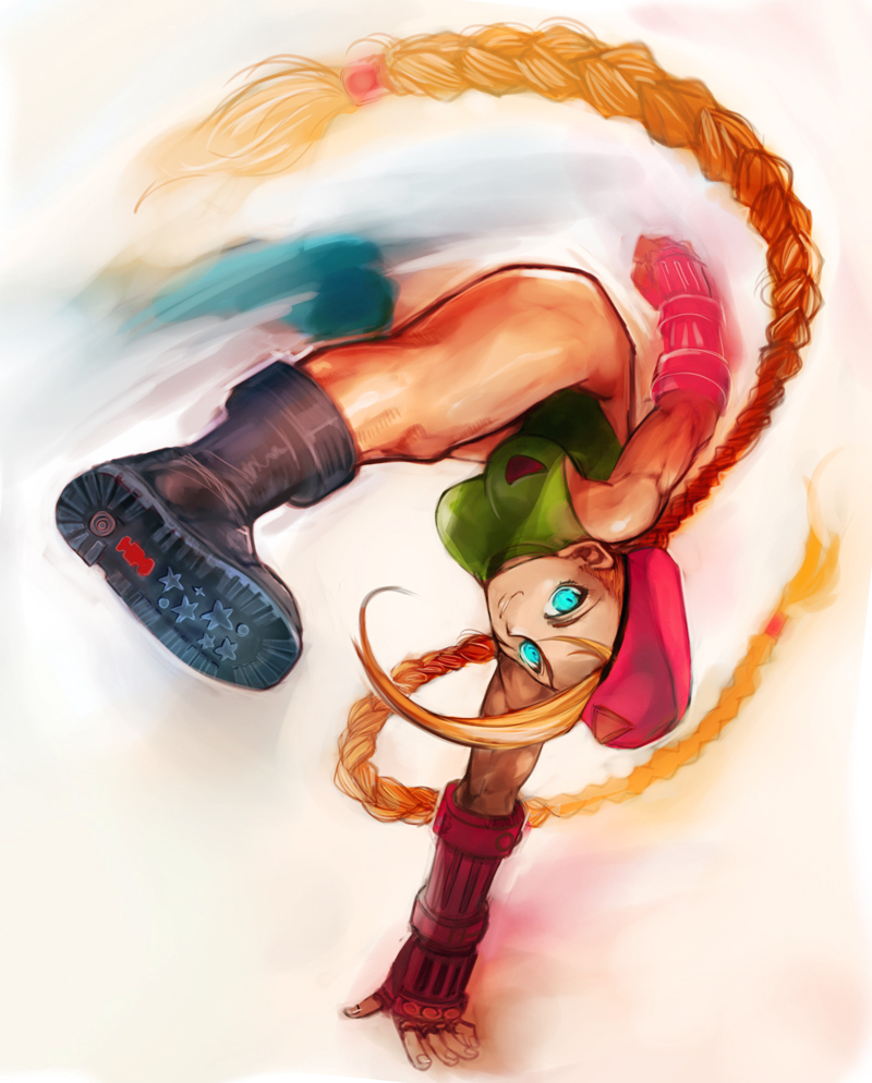 moreshan, cammy white, capcom, street fighter, 1girl, beret, blonde hair, blue eyes, boots, braid, female focus, fingerless gloves, gloves, handstand, hat, leotard, long hair, one arm handstand, solo, twin braids