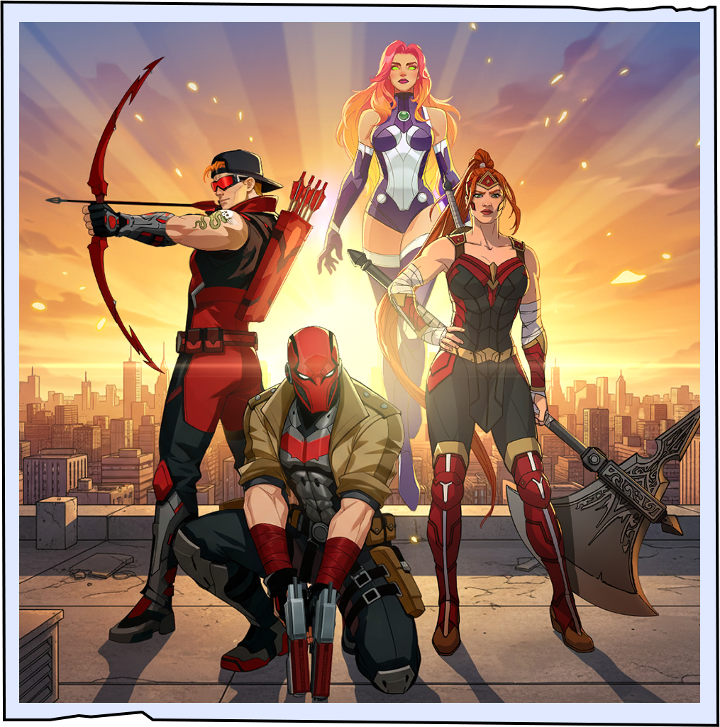 arsenal (dc), artemis of bana-mighdall, jason todd, red hood (dc), roy harper, starfire, batman (series), dc comics, non-web source, official art, 2girls, bat signal, batman symbol, belt, black bodysuit, black gloves, bodysuit, boots, breasts, brown jacket, colored sclera, colored skin, dc: dark legion, gloves, green eyes, green sclera, grey bodysuit, jacket, large breasts, long hair, looking at viewer, mask, multicolored bodysuit, multiple girls, muscular, muscular male, navel, open clothes, orange skin, pants, purple boots, red hair, red hood and the outlaws, red mask, short hair, superhero costume, tamaranean, taut bodysuit, thighhighs, two-tone bodysuit, utility belt, western comics (style)
