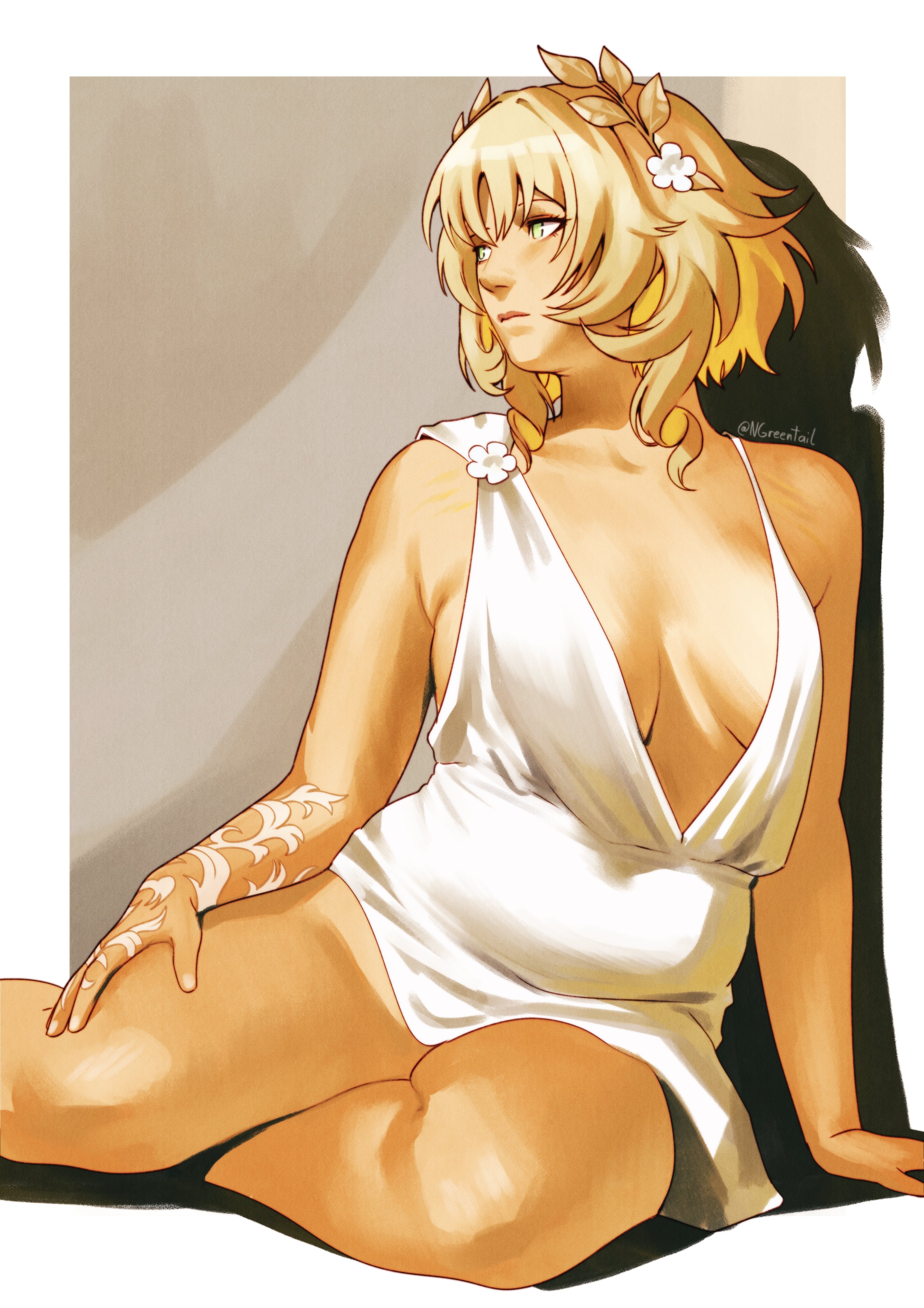 nifast (greentail), aglaea (honkai: star rail), honkai: star rail, honkai (series), absurdres, highres, 1girl, blonde hair, border, breasts, brown background, cleavage, closed mouth, dress, feet out of frame, flower, green eyes, hair flower, hair ornament, hand on ground, hand on own thigh, laurel crown, looking to the side, low neckline, medium breasts, medium hair, no bra, simple background, sitting, solo, spaghetti strap, thighs, white border, white dress, white flower