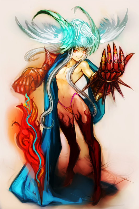 moreshan, silver hair, cape, gauntlets, head wings, long hair, orange eyes, solo, sword, topless female, weapon, wings