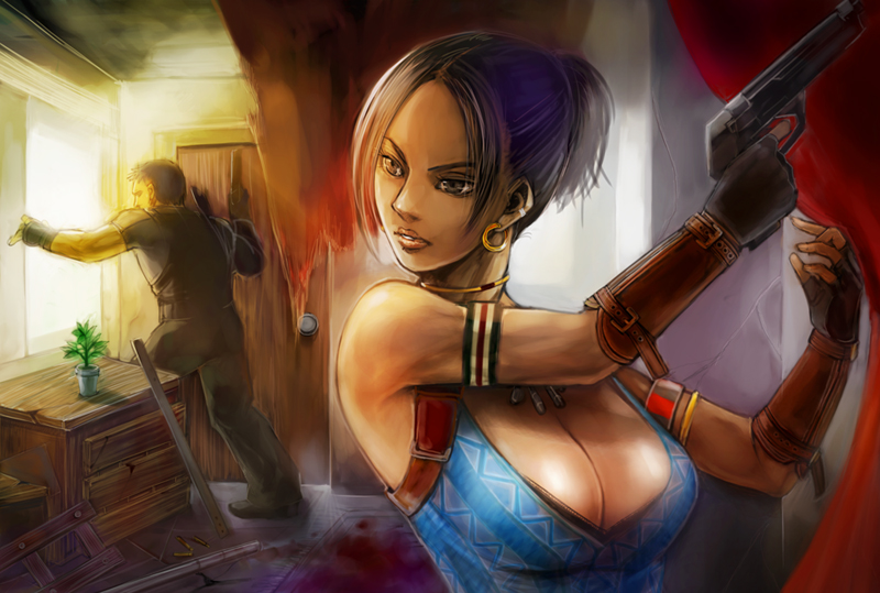 moreshan, chris redfield, sheva alomar, resident evil, resident evil 5, 1boy, 1girl, breasts, brown eyes, brown hair, cleavage, fingerless gloves, gloves, gun, herb, jewelry, large breasts, necklace, ponytail, short hair, weapon