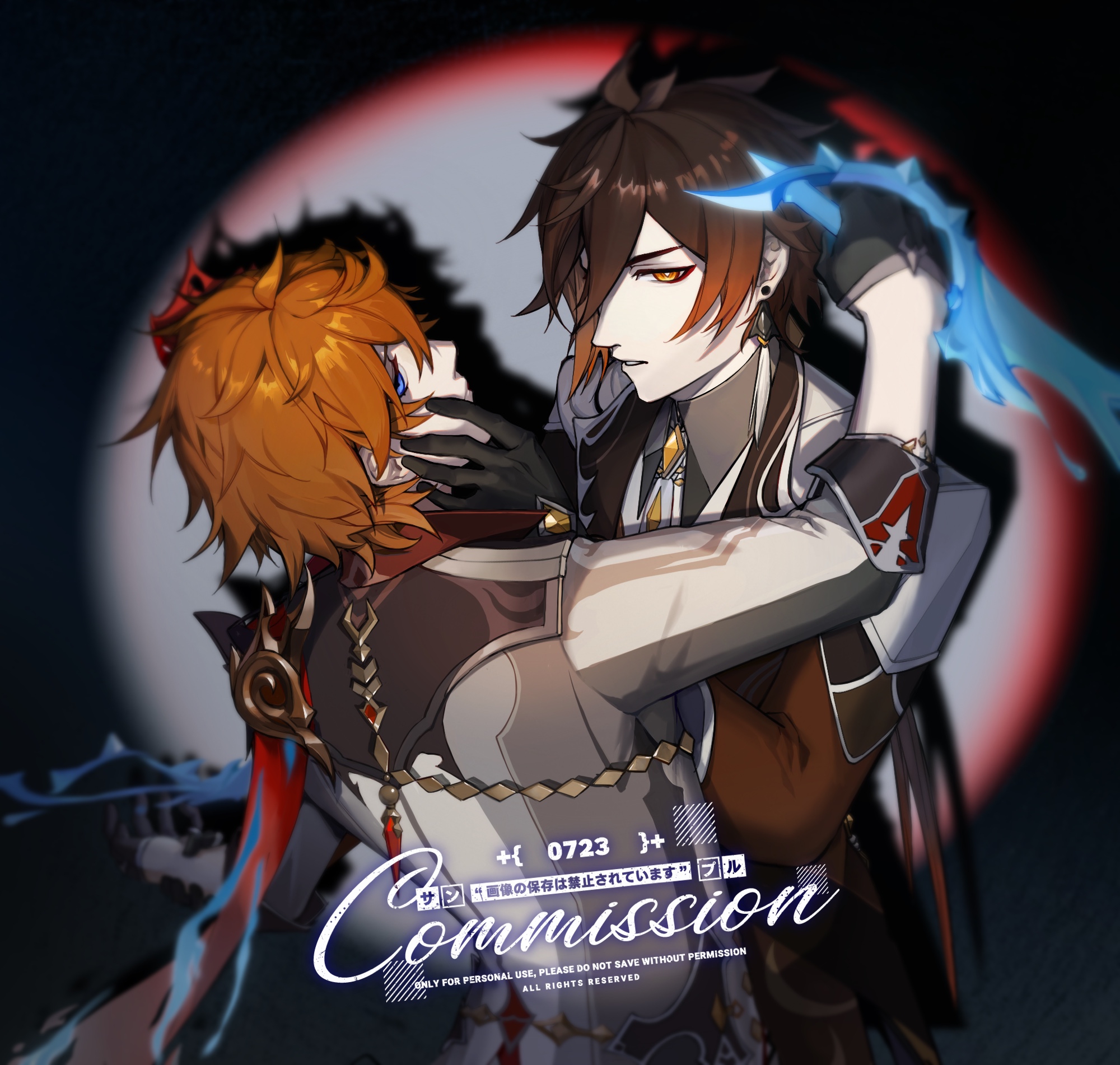 0723 yuan shang fuhuo ban, tartaglia (genshin impact), zhongli (genshin impact), genshin impact, chinese commentary, commission, highres, 2boys, black background, black gloves, blue eyes, brooch, brown coat, brown hair, closed mouth, coat, collared shirt, dagger, dual persona, earrings, expressionless, eyeliner, facing another, gem, gloves, grabbing another's chin, gradient hair, grey jacket, grey shirt, hair between eyes, half gloves, hand on another's chin, hand up, holding, holding another's wrist, holding dagger, holding knife, holding weapon, jacket, jewelry, knife, lapels, long hair, long sleeves, looking at viewer, makeup, male focus, mask, mask on head, multicolored hair, multiple boys, necktie, orange eyes, orange gemstone, orange hair, peaked lapels, profile, red eyeliner, red gemstone, red scarf, reverse grip, scarf, shadow, shirt, short hair, sideways glance, single earring, sleeve cuffs, spotlight, tassel, tassel earrings, three-quarter sleeves, thumb ring, upper body, weapon, white necktie, yaoi