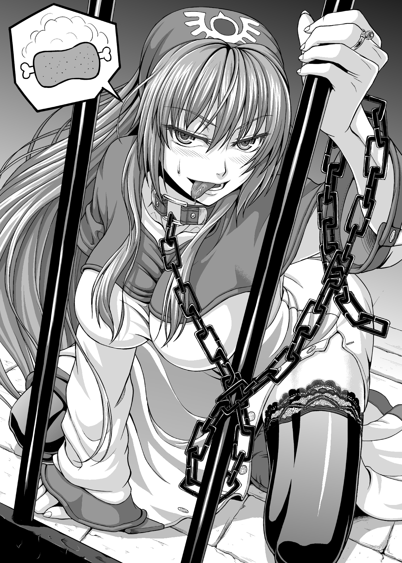 nakayama yukiji, princess of moonbrook, chunsoft, dragon quest, dragon quest ii, enix, lace-trimmed legwear, 1980s (style), highres, boned meat, breasts, cage, chain, food, greyscale, jewelry, lace, lace trim, large breasts, meat, monochrome, oldschool, pun, ring, saliva, sexually suggestive, solo, thighhighs, tongue