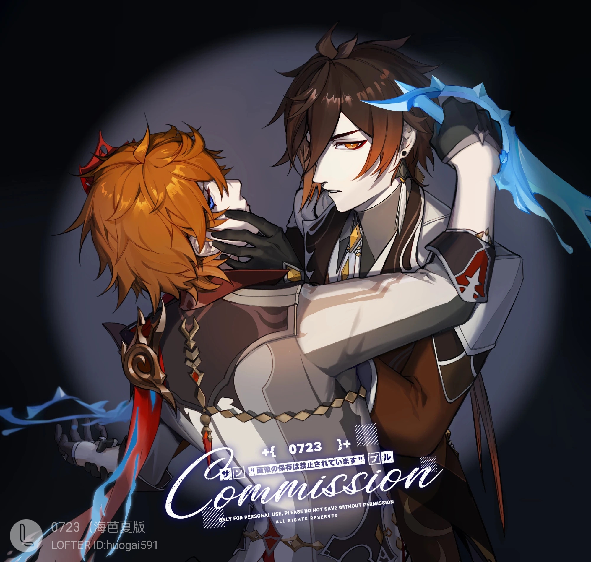 0723 yuan shang fuhuo ban, tartaglia (genshin impact), zhongli (genshin impact), genshin impact, chinese commentary, commission, highres, 2boys, black background, black gloves, blue eyes, brooch, brown coat, brown hair, closed mouth, coat, collared shirt, dagger, dual persona, earrings, expressionless, eyeliner, facing another, gem, gloves, grabbing another's chin, gradient hair, grey jacket, grey shirt, hair between eyes, half gloves, hand on another's chin, hand up, holding, holding another's wrist, holding dagger, holding knife, holding weapon, jacket, jewelry, knife, lapels, lofter username, long hair, long sleeves, looking at viewer, makeup, male focus, mask, mask on head, multicolored hair, multiple boys, necktie, orange eyes, orange gemstone, orange hair, peaked lapels, profile, red eyeliner, red gemstone, red scarf, reverse grip, scarf, shadow, shirt, short hair, sideways glance, single earring, sleeve cuffs, spotlight, tassel, tassel earrings, three-quarter sleeves, thumb ring, upper body, weapon, white necktie, yaoi