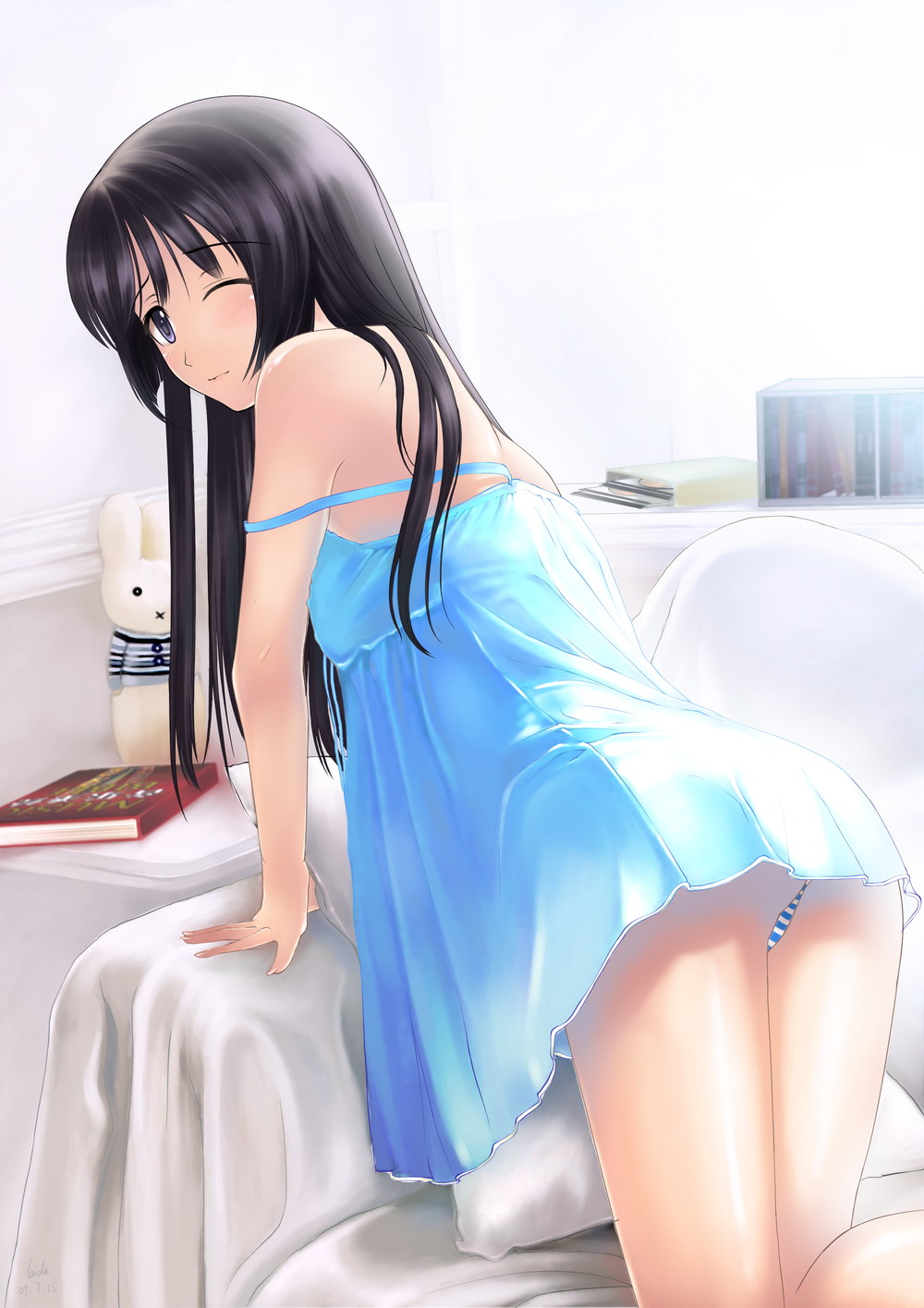 laida, akiyama mio, k-on!, bad id, bad pixiv id, highres, 00s, 1girl, 2009, all fours, armchair, bare shoulders, bed sheet, bent over, black hair, blue dress, blue eyes, blue skirt, book, chair, dress, female focus, from behind, long hair, looking back, one eye closed, panties, pantyshot, pillow, purple eyes, rabbit, signature, skirt, solo, strap slip, striped clothes, striped panties, stuffed animal, stuffed rabbit, stuffed toy, sunlight, underwear, wink