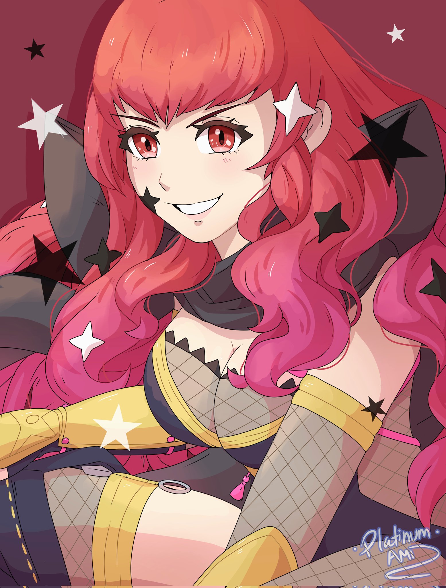 platinum ami, yunaka (fire emblem), yunaka (stealthy imitator) (fire emblem), fire emblem, fire emblem engage, fire emblem heroes, nintendo, highres, 1girl, black scarf, bodystocking, breasts, cleavage, facial mark, fishnet bodystocking, fishnets, hair ornament, japanese clothes, long hair, ninja, official alternate costume, red eyes, red hair, scarf, shuriken hair ornament, smile, solo, star (symbol), star facial mark