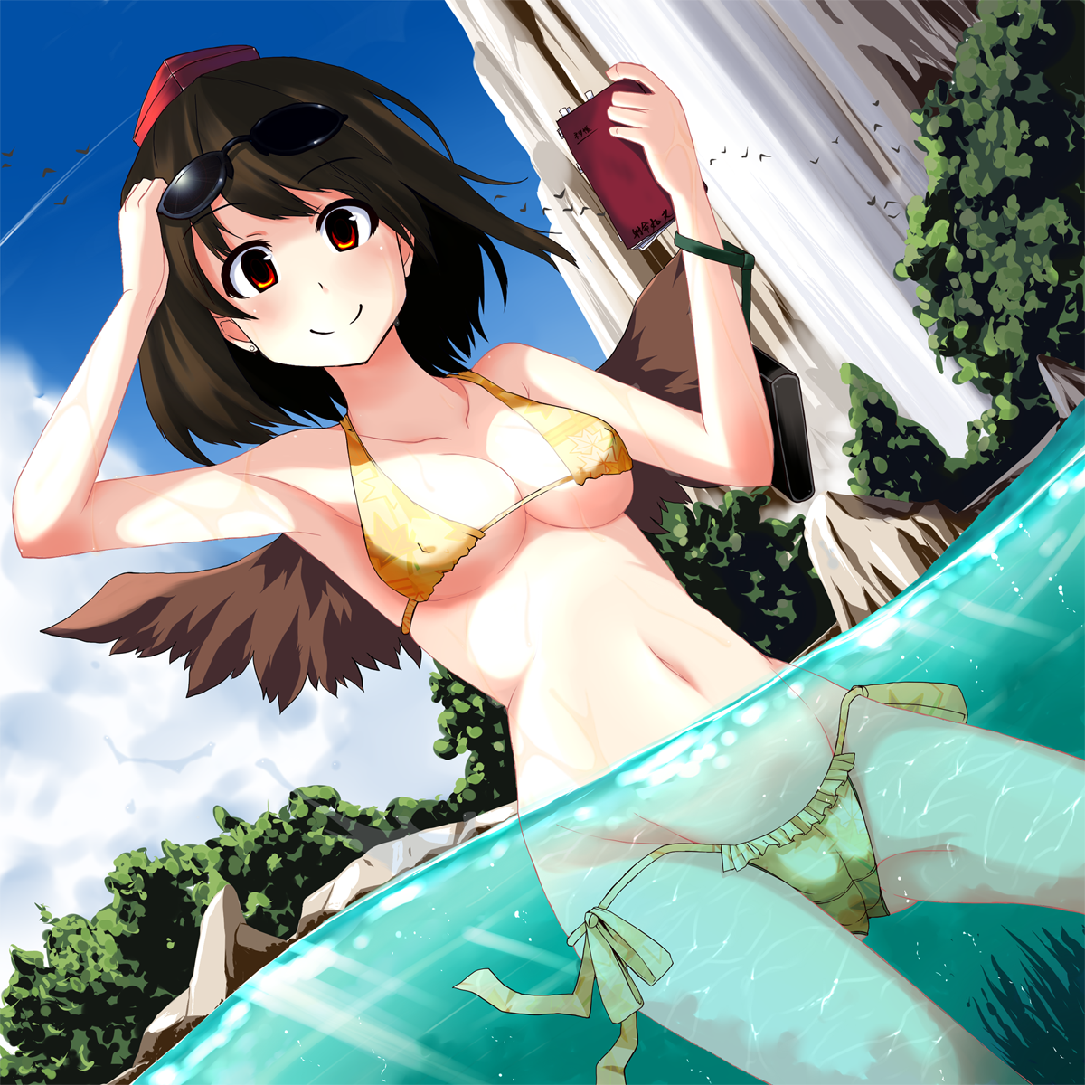 oyaji-sou, shameimaru aya, touhou, bad id, bad pixiv id, highres, 1girl, bikini, black wings, blush, breasts, brown hair, cameltoe, camera, covered erect nipples, day, dutch angle, earrings, female focus, jewelry, looking at viewer, medium breasts, notebook, red eyes, side-tie bikini bottom, smile, solo, string bikini, sunglasses, swimsuit, wading, water, wings, yellow bikini