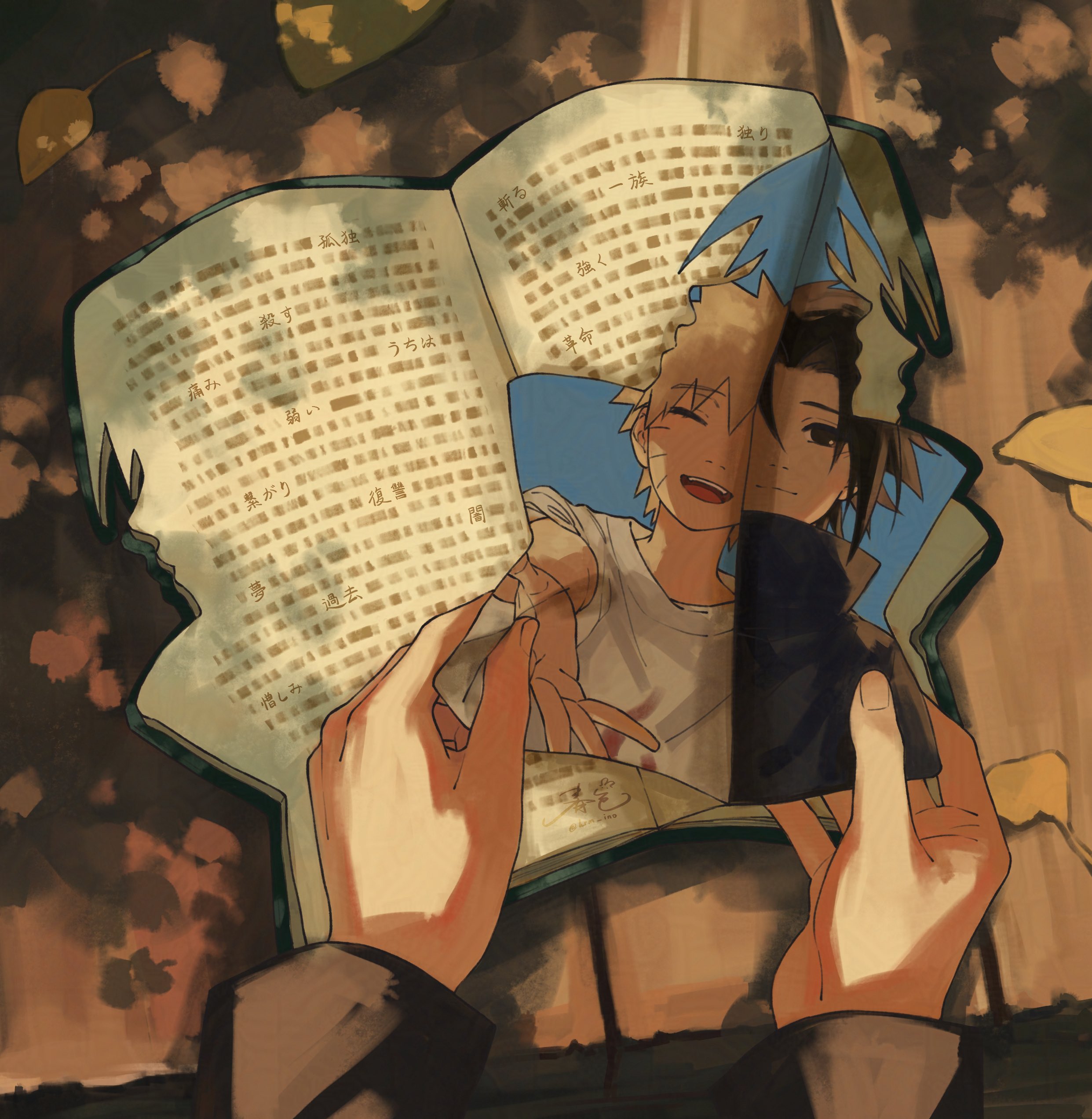 haruiro (hrm ino), uchiha sasuke, uzumaki naruto, naruto (classic), naruto (series), absurdres, highres, 2boys, black eyes, black hair, black shirt, blonde hair, book, closed eyes, closed mouth, facial mark, leaf, male focus, multiple boys, open book, open mouth, outstretched hand, shirt, short hair, smile, whisker markings, white shirt