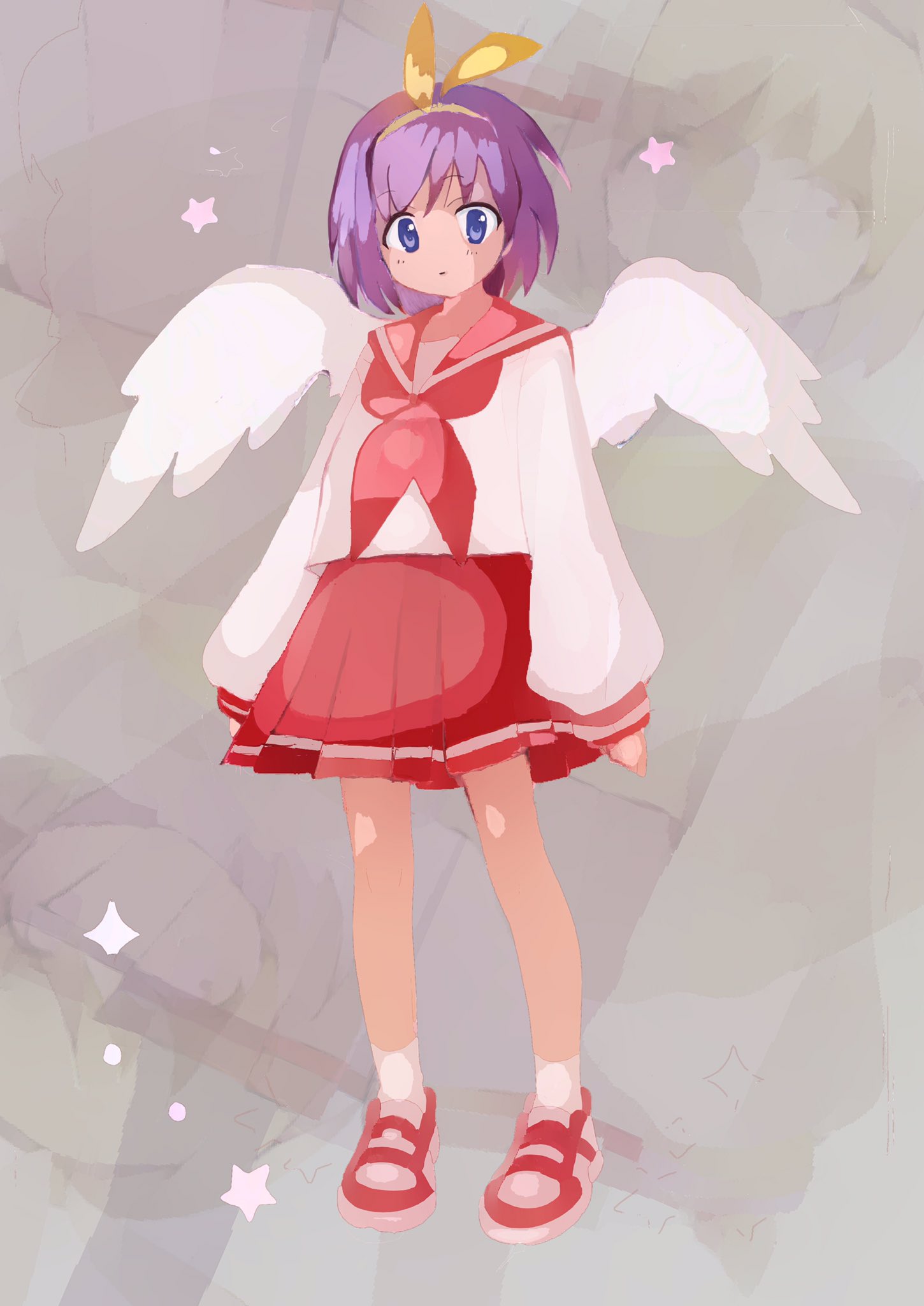 hiiragi tsukasa, lucky star, highres, 1girl, angel wings, blue eyes, grey background, hair ribbon, pleated skirt, purple hair, red sailor collar, red shoes, red skirt, ribbon, ryouou school uniform, sailor collar, school uniform, serafuku, shirt, shoes, short hair, skirt, socks, star (symbol), tobi mari, white shirt, white socks, wings, yellow ribbon