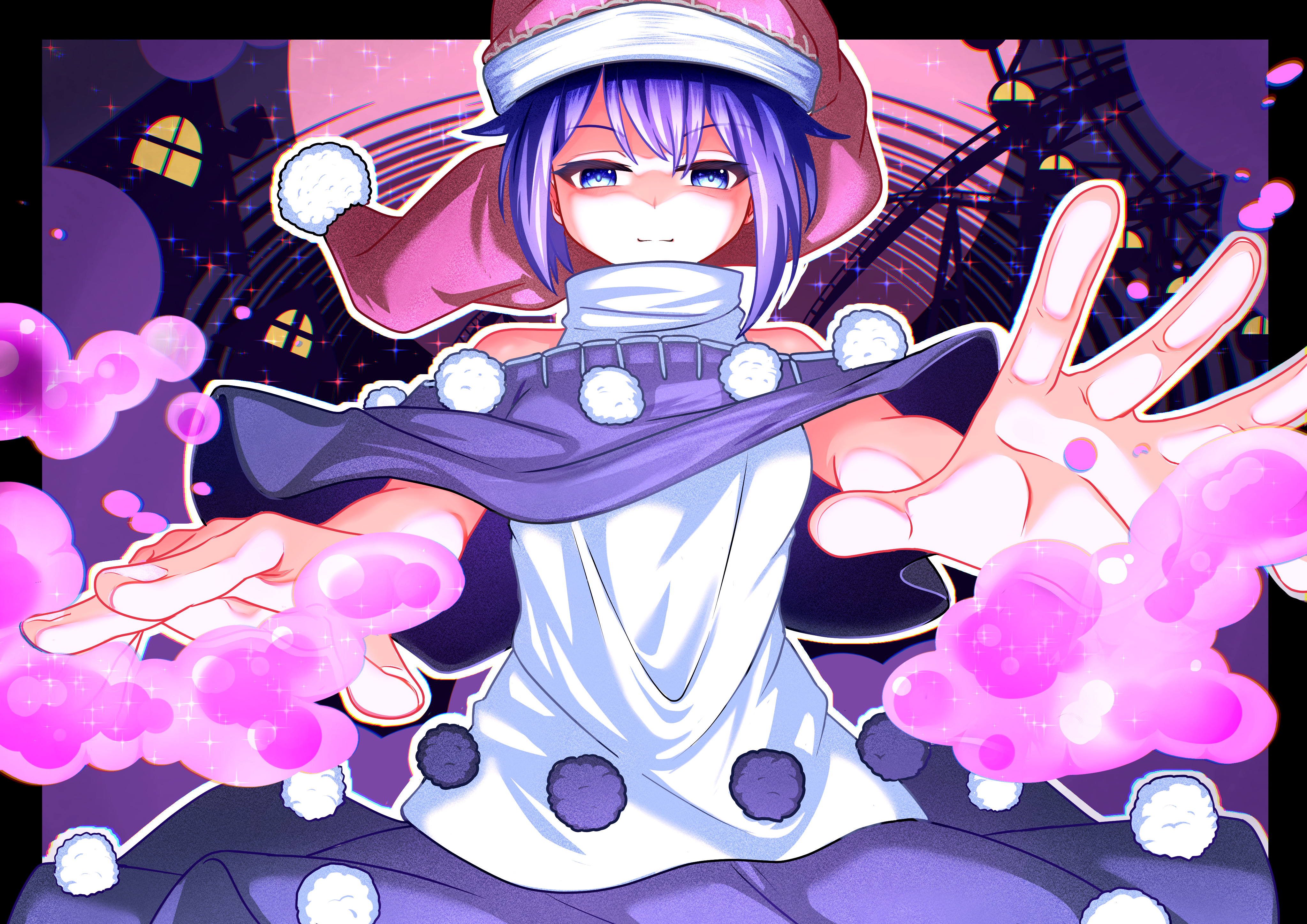 suirium0723, doremy sweet, touhou, absurdres, commentary request, highres, 1girl, bare shoulders, black capelet, black skirt, blue eyes, blue hair, capelet, cowboy shot, ferris wheel, full moon, hat, house, huge moon, light smile, looking at viewer, moon, narrowed eyes, nightcap, outstretched arms, outstretched hand, pom pom (clothes), purple background, reaching, reaching towards viewer, red hat, shirt, short hair, skirt, sleeveless, sleeveless shirt, solo, sparkle, split mouth, underlighting, white shirt, window light