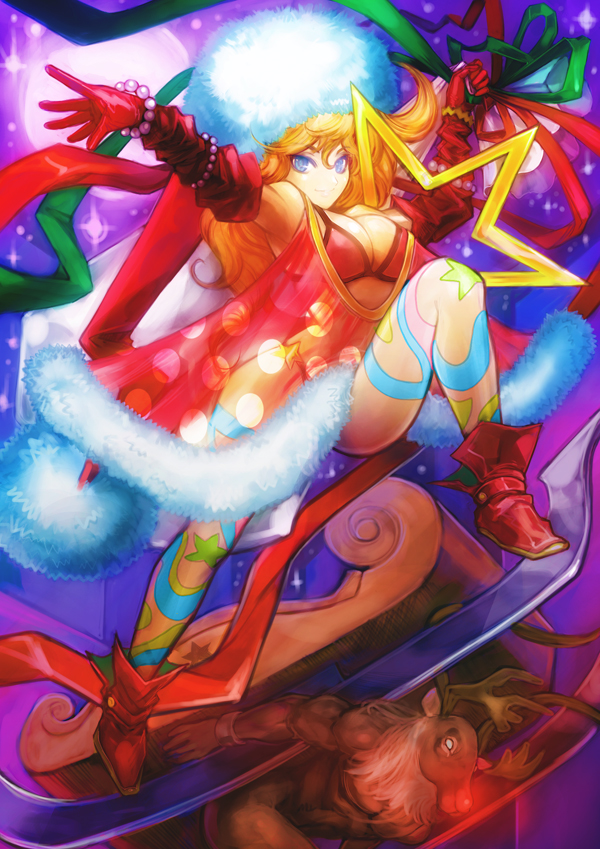 moreshan, original, 1girl, bikini, bikini top only, blonde hair, blue eyes, breasts, christmas, cleavage, elbow gloves, gloves, large breasts, long hair, muscular, reindeer, santa bikini, santa costume, sleigh, swimsuit