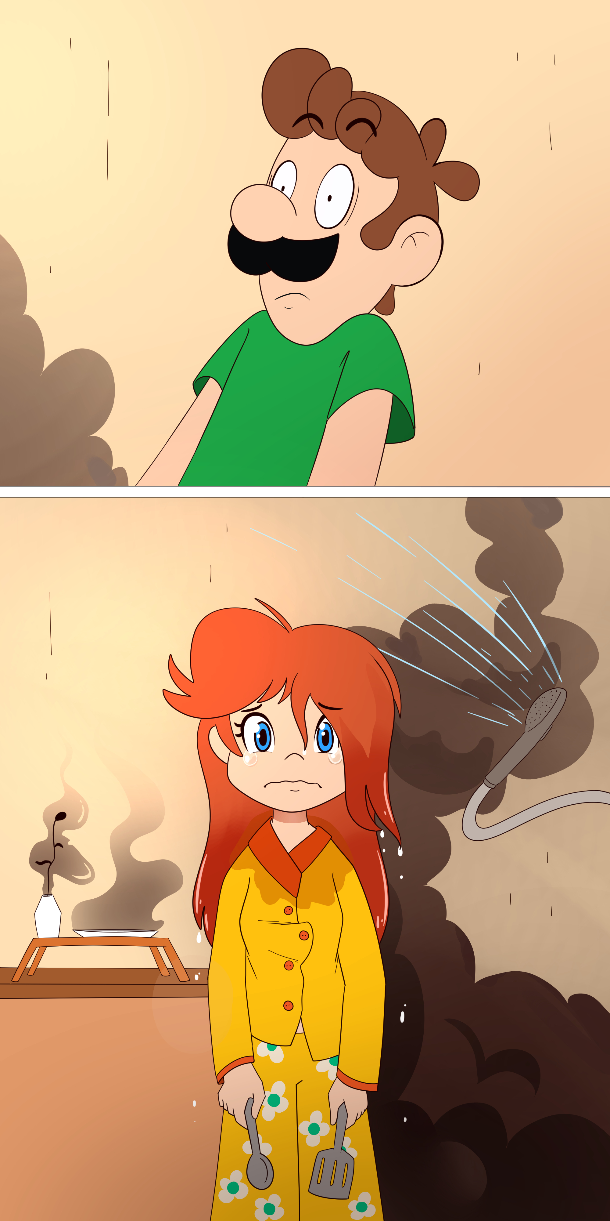 dhesomix, luigi, princess daisy, mario (series), nintendo, 2koma, blue eyes, breakfast, brown hair, comic, cooking, crying, crying with eyes open, facial hair, flower, kitchen, mustache, pajamas, princess, sad, shirt, spatula, tears, tomboy, wet