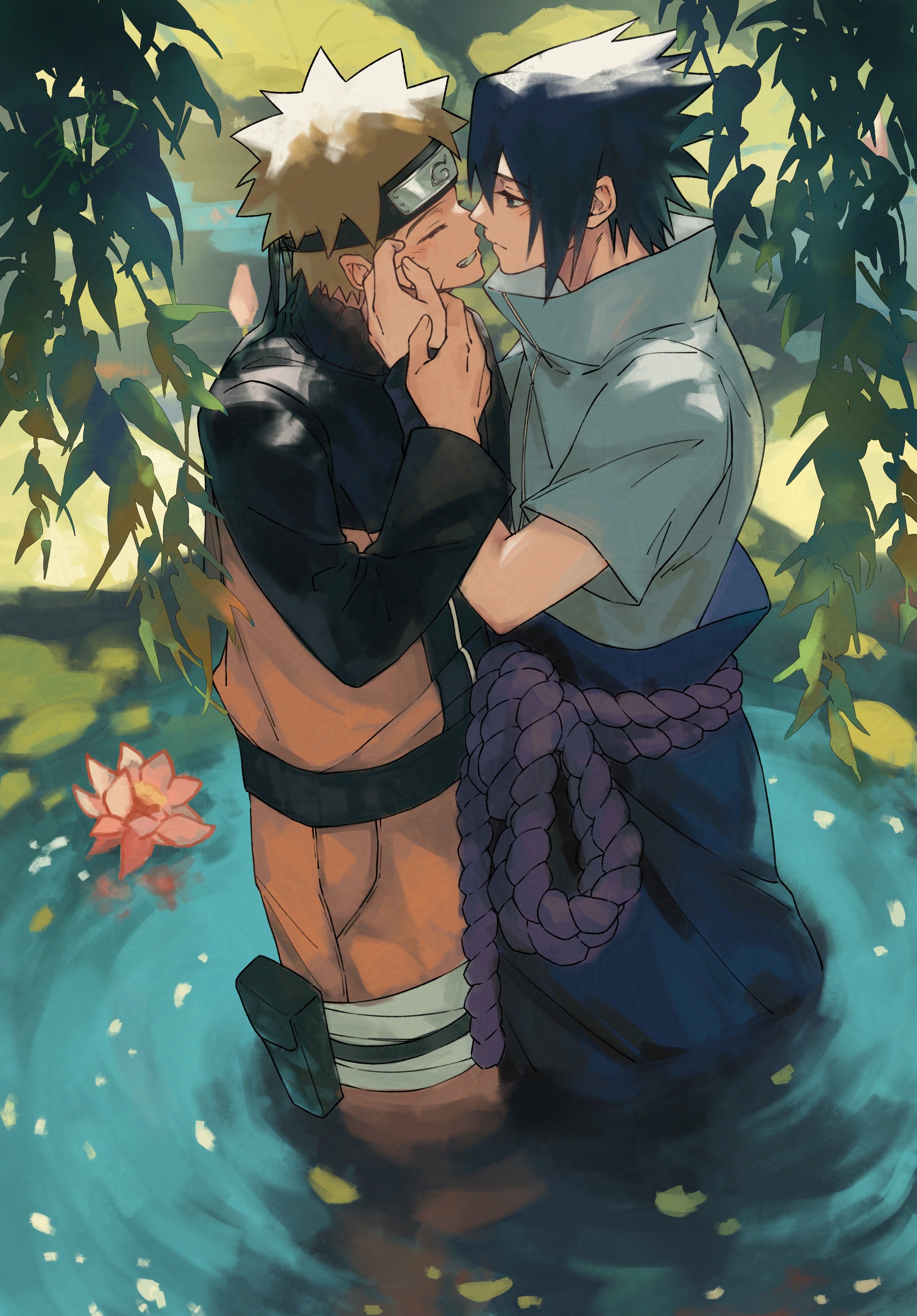 haruiro (hrm ino), uchiha sasuke, uzumaki naruto, naruto (series), naruto shippuuden, absurdres, highres, 2boys, arm up, bandaged leg, bandages, black hair, blonde hair, blush, closed eyes, closed mouth, cowboy shot, flower, forehead protector, frown, grey eyes, grin, hand on another's arm, hand on another's face, jacket, konohagakure symbol, lily pad, long sleeves, looking at another, lotus, male focus, multiple boys, orange pants, pants, parted bangs, partially submerged, popped collar, rope belt, short hair, short sleeves, smile, spiked hair, teeth, upper body, water, yaoi