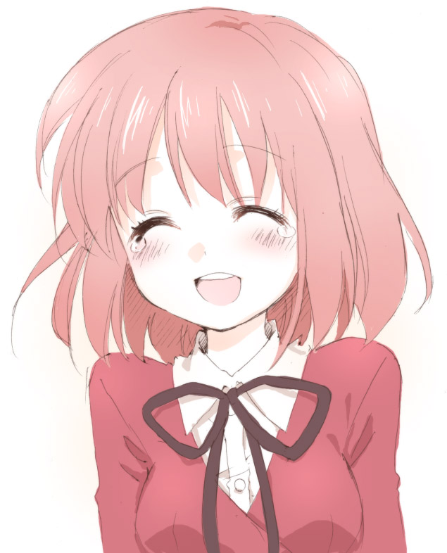 kushieda minori, toradora!, artist request, 00s, blush, closed eyes, red hair, school uniform, short hair, simple background, smile, solo, tears