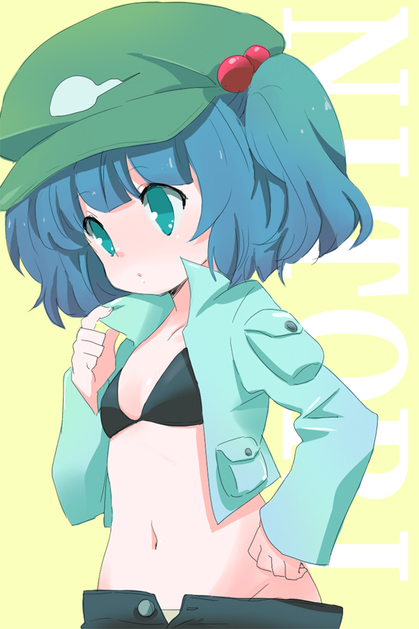 ica, kawashiro nitori, touhou, bad id, bad pixiv id, 1girl, blue hair, bra, female focus, flat chest, green eyes, groin, hair bobbles, hair ornament, hand on own hip, hat, jacket, lingerie, midriff, navel, no shirt, open clothes, open jacket, open shirt, shirt, solo, twintails, two side up, underwear, upper body