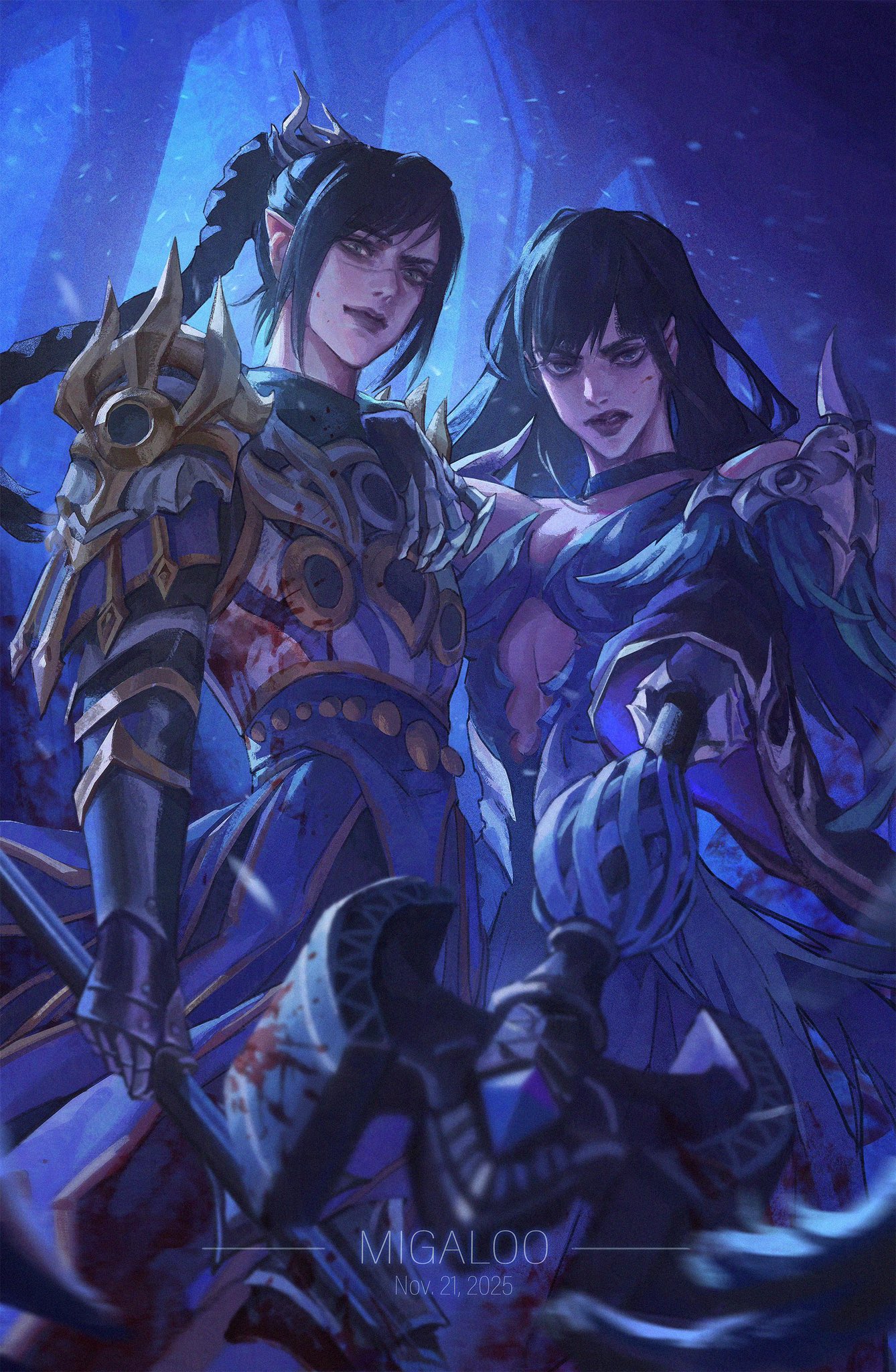 migaloo, gaia (ff14), shadowheart (baldur's gate), baldur's gate, baldur's gate 3, dungeons & dragons, dungeons & dragons, final fantasy, final fantasy xiv, highres, 2girls, armor, black dress, black hair, blood, braid, braided ponytail, dress, elf, long hair, looking at viewer, multiple girls, pointy ears, scar, scar on face, scar on nose