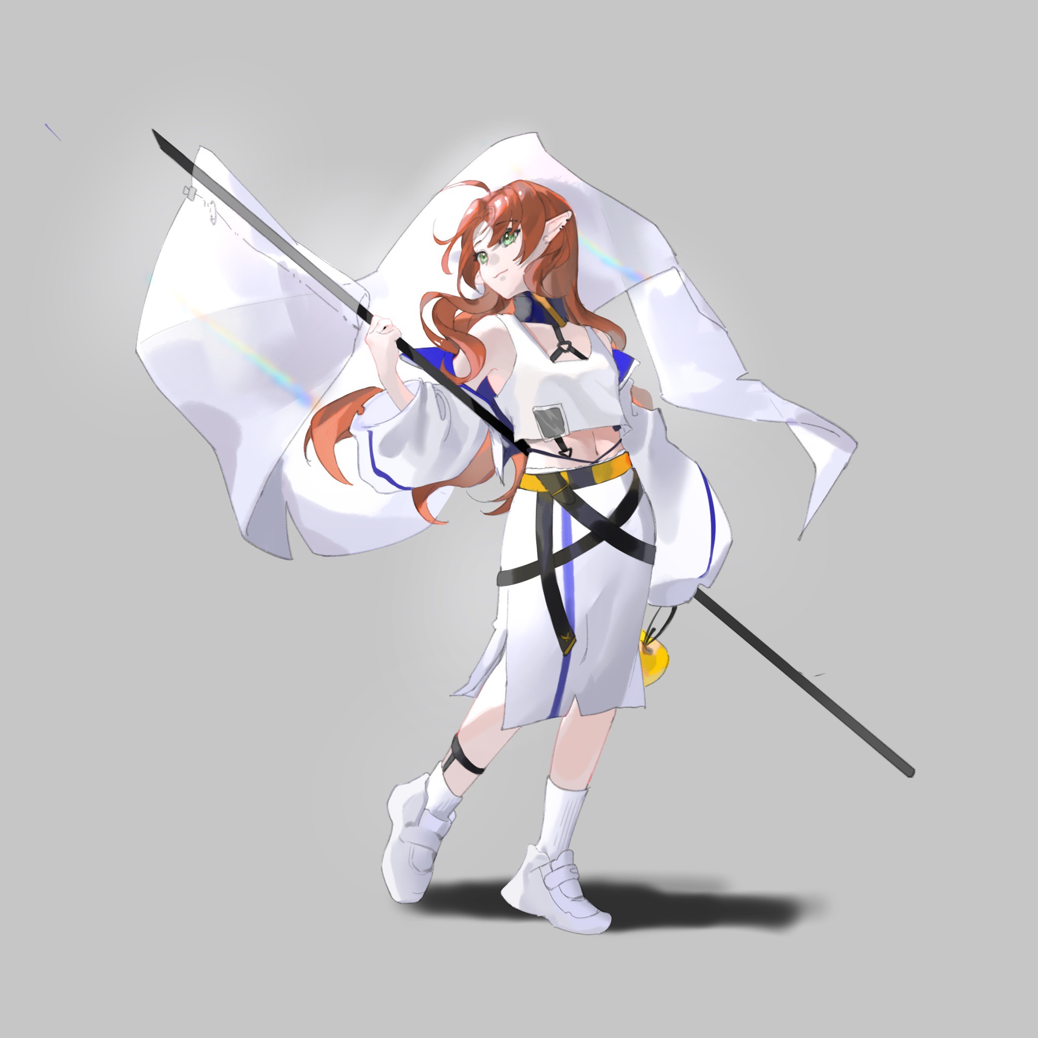 0723 yuan shang fuhuo ban, myrtle (arknights), arknights, chinese commentary, highres, 1girl, ahoge, apple, arm at side, bare shoulders, black collar, collar, ear piercing, flag, food, fruit, full body, golden apple, green eyes, grey background, hand up, harness, holding, holding flag, holding food, holding fruit, iridescent, jacket, legwear garter, long hair, long sleeves, looking to the side, midriff, off shoulder, open clothes, open jacket, parted bangs, pencil skirt, petite, piercing, pointy ears, puffy long sleeves, puffy sleeves, red hair, shoes, simple background, skirt, smile, socks, solo, standing, tank top, very long hair, white flag, white jacket, white shoes, white skirt, white socks, white tank top