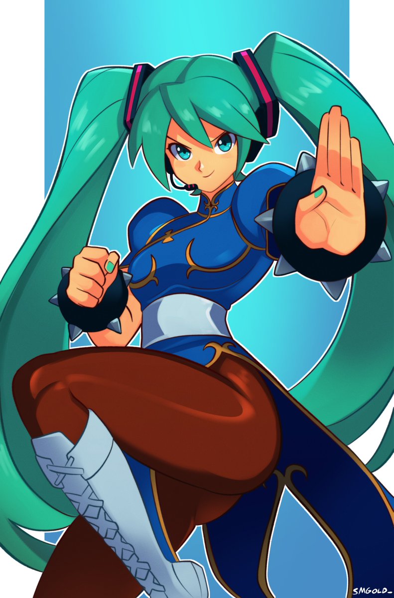 smgold, chun-li, hatsune miku, capcom, street fighter, vocaloid, commentary, highres, 1girl, aqua eyes, aqua hair, aqua nails, artist name, blue dress, boots, bracelet, brown pantyhose, china dress, chinese clothes, chun-li (cosplay), cosplay, dress, fighting stance, hair between eyes, headset, jewelry, lace-up boots, long hair, looking at viewer, pantyhose, pelvic curtain, puffy short sleeves, puffy sleeves, short sleeves, solo, spiked bracelet, spikes, twintails, very long hair, white boots