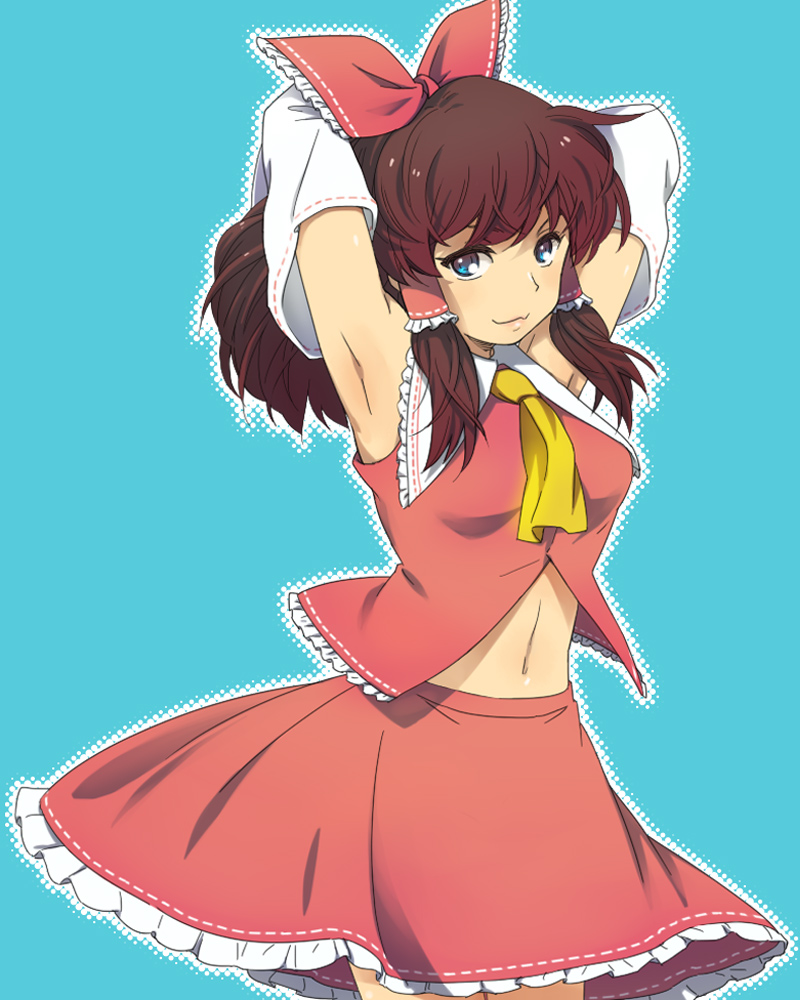 nanonin, hakurei reimu, touhou, bad id, bad pixiv id, 1girl, :3, armpits, arms behind head, arms up, ascot, black eyes, bow, brown hair, detached sleeves, female focus, halftone, halftone background, japanese clothes, midriff, miko, navel, short hair, simple background, smile, solo, yellow ascot