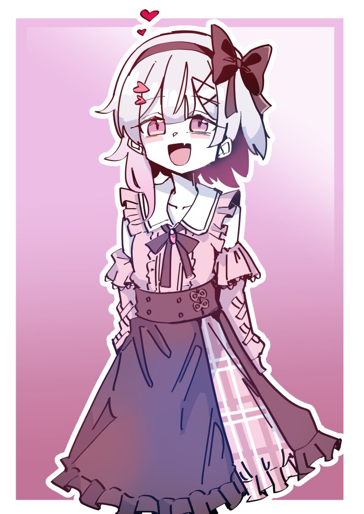 zassou maruko, sakuraba ema, book off, mahou shoujo no majo saiban, commentary, symbol-only commentary, 1girl, :d, arms behind back, black bow, black hairband, black skirt, border, bow, clothing cutout, collared shirt, cowboy shot, fang, frilled shirt, frilled skirt, frills, gradient background, hair bow, hair ornament, hairband, heart, long sleeves, looking at viewer, official alternate costume, open mouth, outline, pink background, pink eyes, pink shirt, shirt, short hair, shoulder cutout, skirt, smile, solo, standing, white border, white hair, white outline, x hair ornament