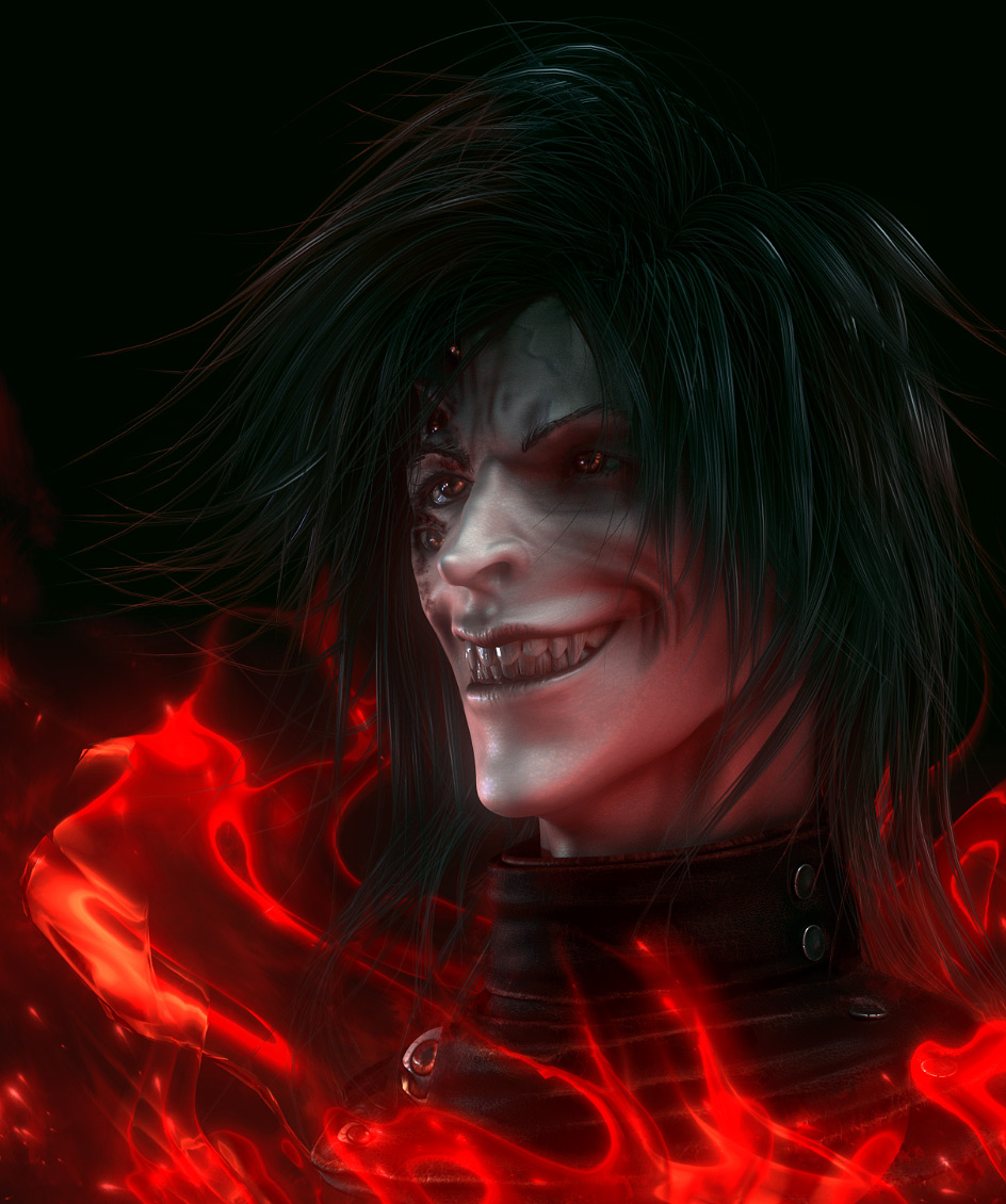 alucard (hellsing), hellsing, 1boy, 3d, black hair, fangs, fire, grin, male focus, pale skin, red eyes, smile, solo, teeth, vampire