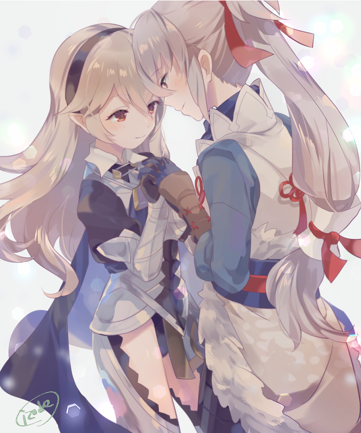 female corrin (fire emblem), takumi (fire emblem), fire emblem, fire emblem fates, nintendo, 1boy, 1girl, bezoi r, black hairband, couple, grey hair, hair ribbon, hairband, hetero, japanese clothes, long hair, ponytail, red eyes, red ribbon, ribbon