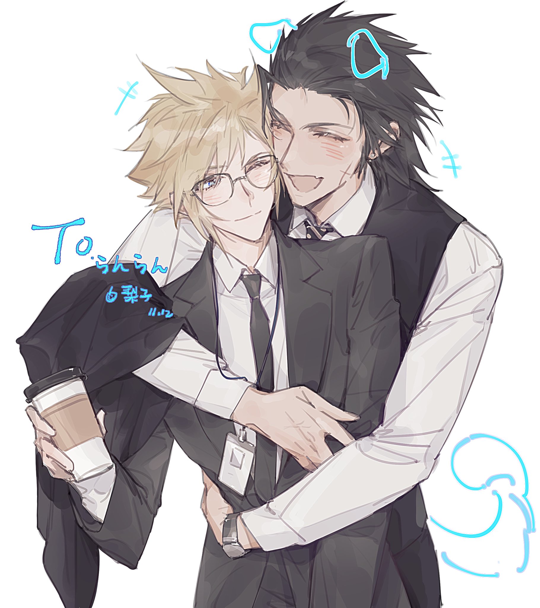 lily (shio1006), cloud strife, zack fair, final fantasy, final fantasy vii, highres, 2boys, animal ears, black hair, black jacket, black necktie, black suit, black vest, blonde hair, closed eyes, collared shirt, cross scar, cup, disposable coffee cup, disposable cup, dog ears, dog tail, facial scar, fang, formal clothes, glasses, hair slicked back, holding, holding cup, hug, hug from behind, id card, jacket, jacket on arm, light blush, light smile, multiple boys, necktie, one eye closed, open mouth, scar, scar on cheek, scar on face, shirt, short hair, sideburns, smile, spiked hair, striped necktie, suit, suit jacket, tail, vest, waistcoat, watch, white shirt, wristwatch, yaoi