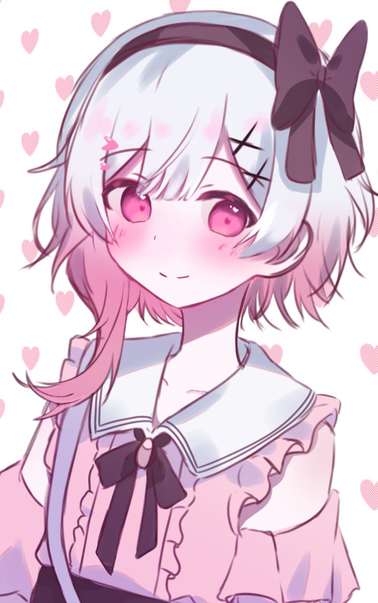 sakuraba ema, book off, mahou shoujo no majo saiban, commentary request, highres, 1girl, black hairband, black ribbon, closed mouth, collared shirt, gradient hair, hair ornament, hairband, heart, looking at viewer, multicolored hair, neck ribbon, official alternate costume, pink eyes, pink hair, pink shirt, ribbon, shirt, short hair, smile, solo, upper body, white hair, x hair ornament, yuzuame (yuzuame 16)