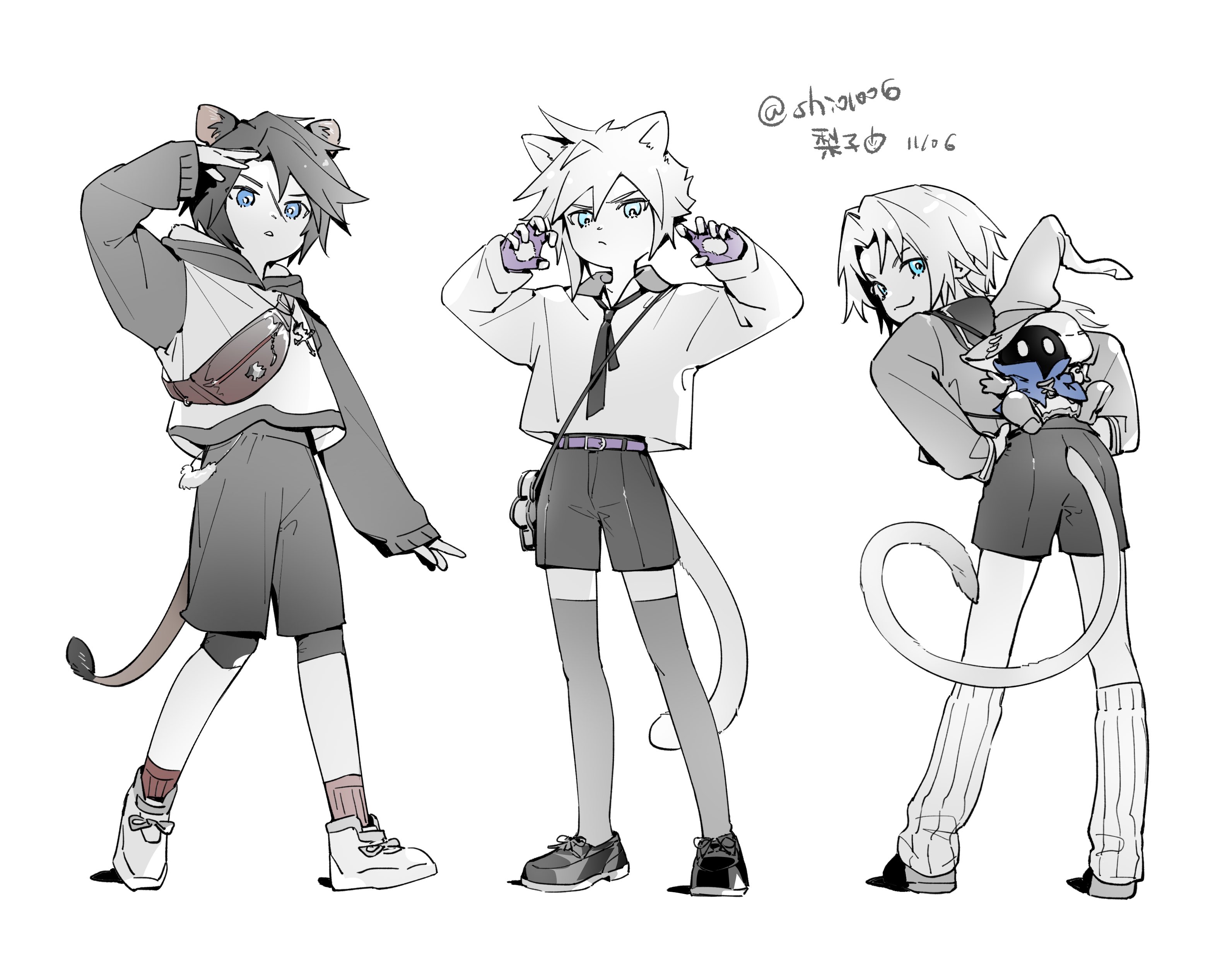 lily (shio1006), cloud strife, squall leonhart, vivi ornitier, zidane tribal, final fantasy, final fantasy ix, final fantasy vii, final fantasy viii, absurdres, highres, 3boys, :3, aged down, animal ears, bag, blue coat, blue eyes, cat boy, cat ears, cat tail, character doll, claw pose, coat, collared shirt, doll, full body, hair between eyes, hands on own hips, hood, hood down, hoodie, kemonomimi mode, limited palette, lion boy, lion ears, lion tail, loose socks, male focus, multiple boys, necktie, parted bangs, scar, scar on face, scar on forehead, shading eyes, shirt, shoes, shorts, shoulder bag, sneakers, socks, spiked hair, tail, thighhighs, white background