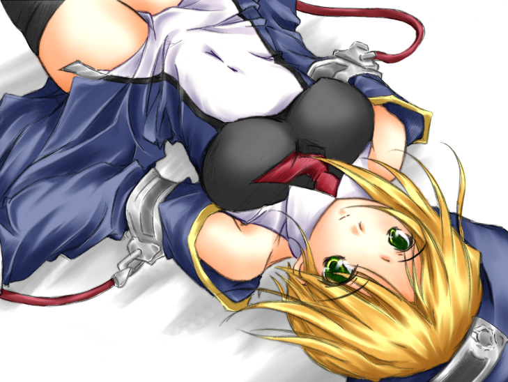 hamu (moeyobaka), noel vermillion, arc system works, blazblue, blonde hair, detached sleeves, green eyes, lying, necktie, on back, short hair, smile, solo, thighhighs, zettai ryouiki
