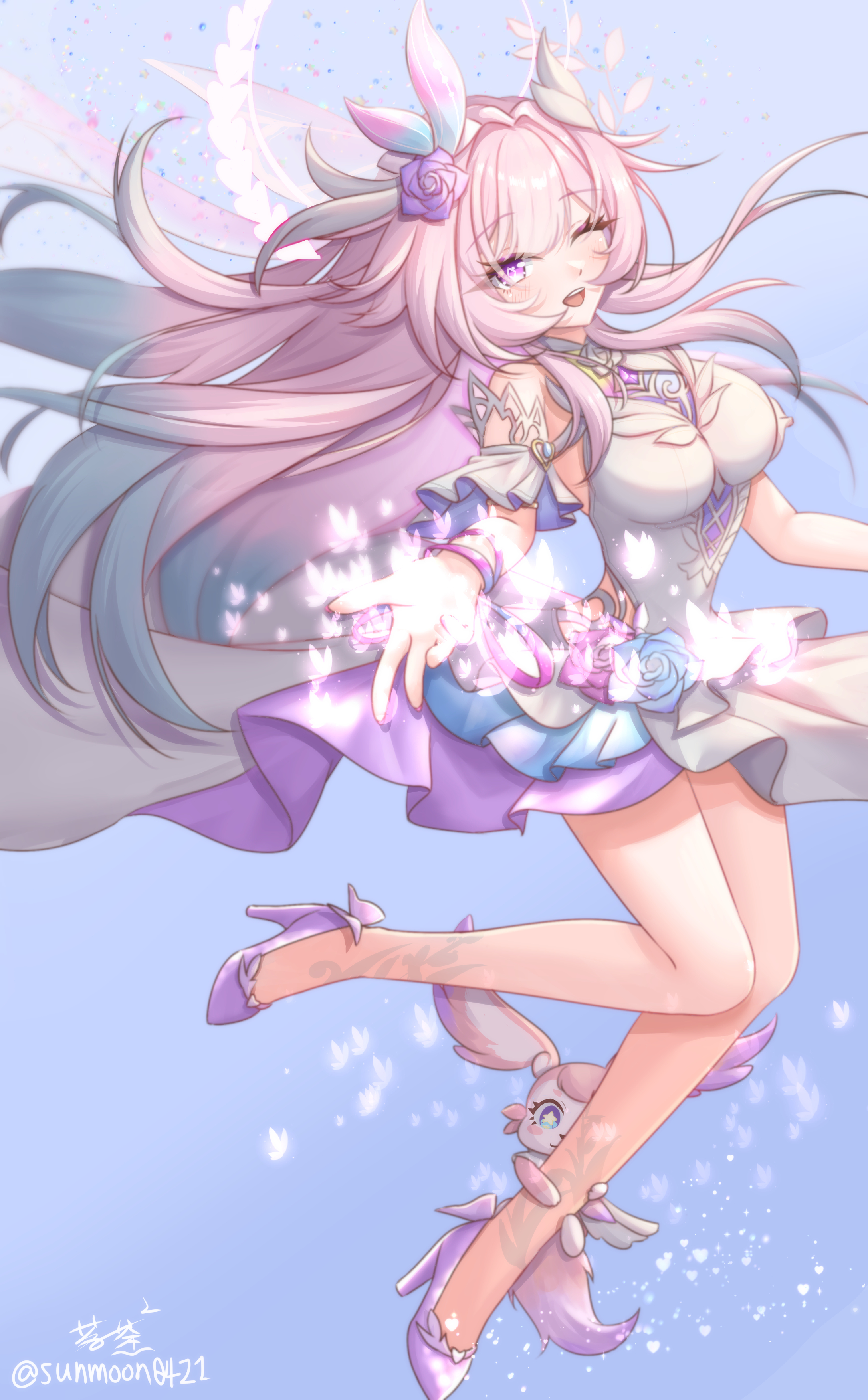 dengmingxuan~chacha, cyrene (honkai: star rail), cyrene (ripples of past reverie) (honkai: star rail), mem (honkai: star rail), honkai: star rail, honkai (series), absurdres, commentary request, highres, 1girl, ;o, bare shoulders, blue eyes, blue sky, breasts, diamond-shaped pupils, diamond (shape), dress, flower, hair flower, hair ornament, halo, high heels, large breasts, long hair, looking at viewer, one eye closed, pink hair, purple eyes, sky, symbol-shaped pupils, twitter username, very long hair, white dress