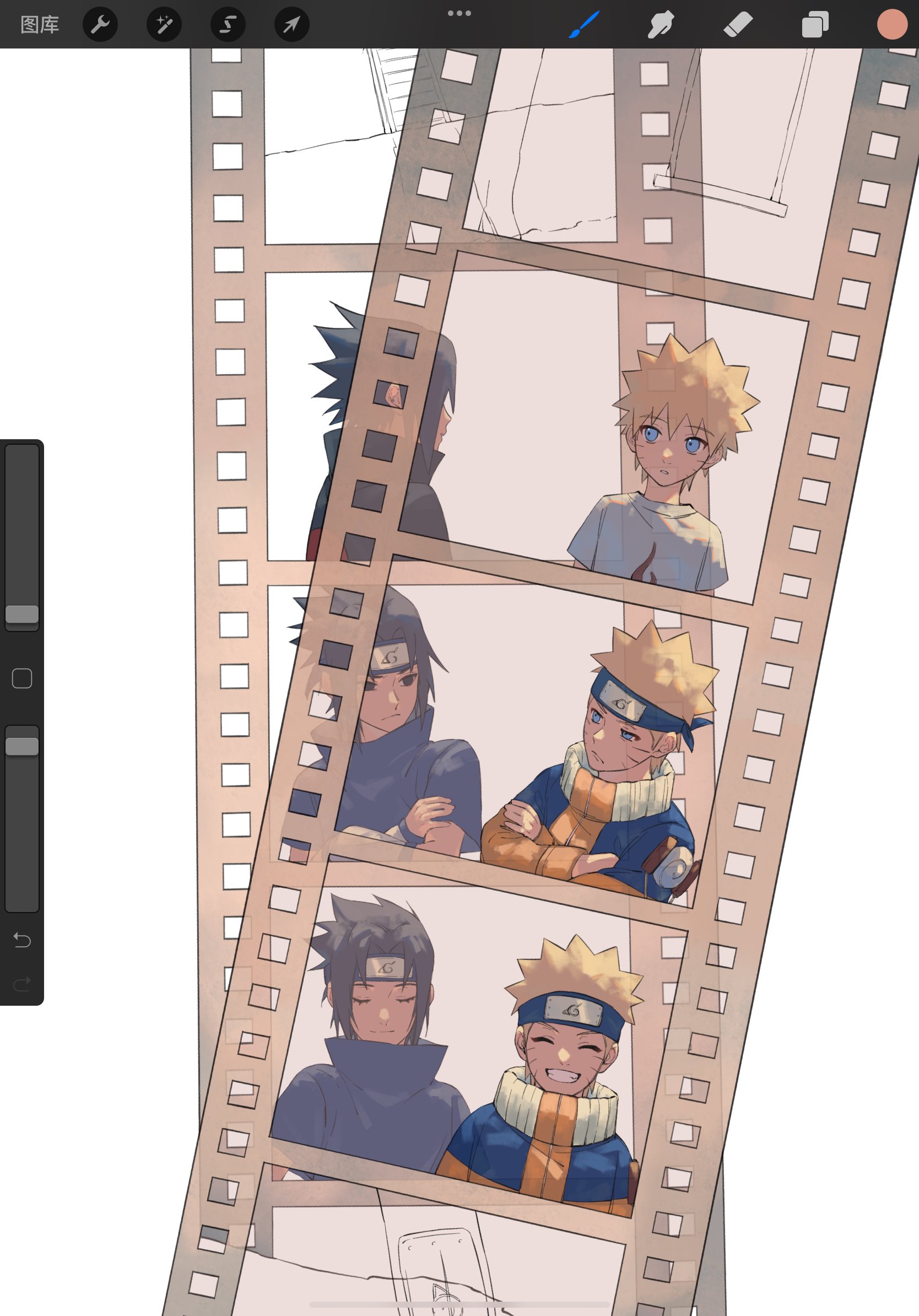 haruiro (hrm ino), uchiha sasuke, uzumaki naruto, naruto (classic), naruto (series), highres, 2boys, art program in frame, black hair, black shirt, blonde hair, blue eyes, closed eyes, crossed arms, facial mark, film strip, grin, jacket, light smile, looking at another, male focus, multiple boys, orange jacket, parted bangs, photo (object), shirt, short hair, smile, spiked hair, time progression, upper body, whisker markings, white background, white shirt