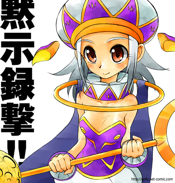 gofu, angol mois, keroro gunsou, silver hair, blush, cape, hat, orange eyes, short hair, smile, solo, staff
