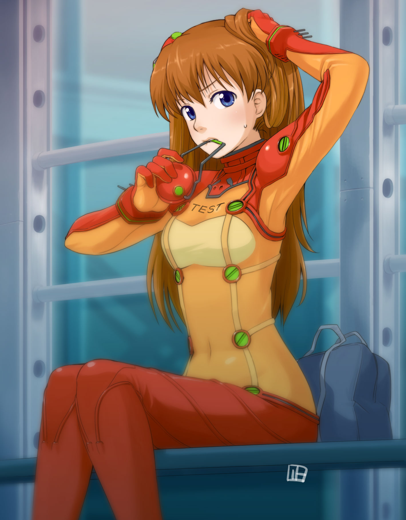 nagian, souryuu asuka langley, evangelion: 2.0 you can (not) advance, neon genesis evangelion, rebuild of evangelion, bad id, bad pixiv id, highres, 00s, 1girl, adjusting hair, bag, blue eyes, bodysuit, breasts, brown hair, cleavage, female focus, long hair, mecha pilot suit, mouth hold, plugsuit (evangelion), see-through cleavage, see-through clothes, sitting, solo, sweatdrop, test plugsuit (evangelion)