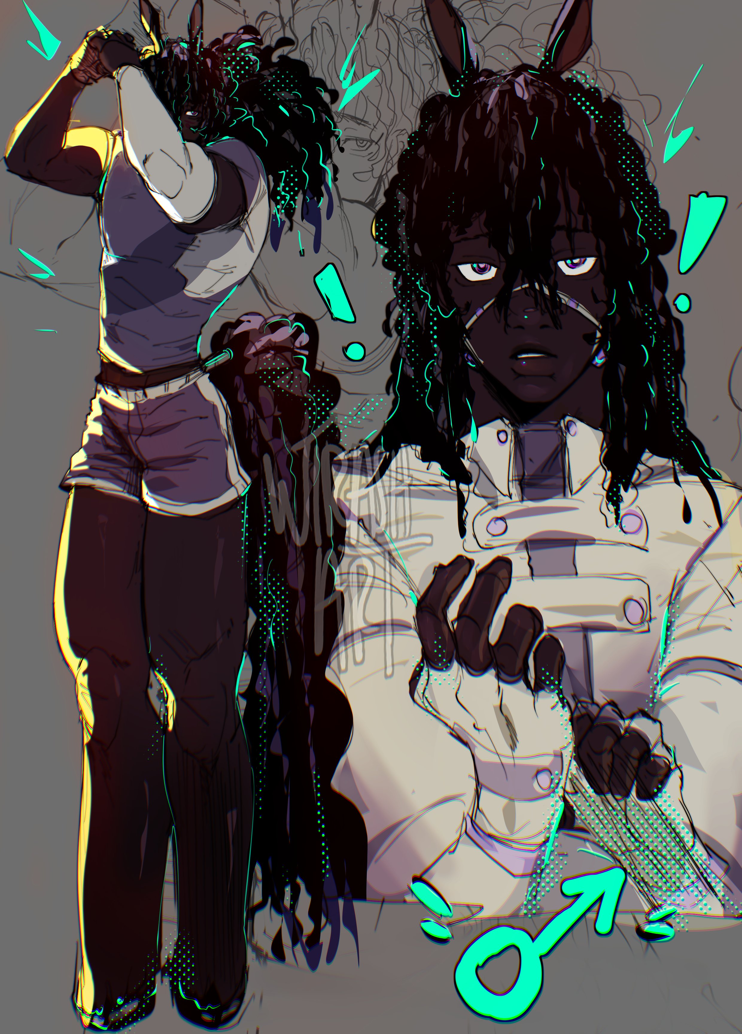 aysi ac, original, umamusume, absurdres, commentary, english commentary, highres, !, 1boy, adjusting clothes, adjusting gloves, animal ears, arms up, black hair, dark-skinned male, dark skin, fingerless gloves, friesian horse girl, full body, genderswap, genderswap (ftm), gloves, gym shorts, hair between eyes, horse boy, horse ears, horse tail, jacket, lips, long hair, long sleeves, male focus, mars symbol, multiple views, parted lips, shirt, short sleeves, shorts, sketch, standing, tail, upper body, very dark skin